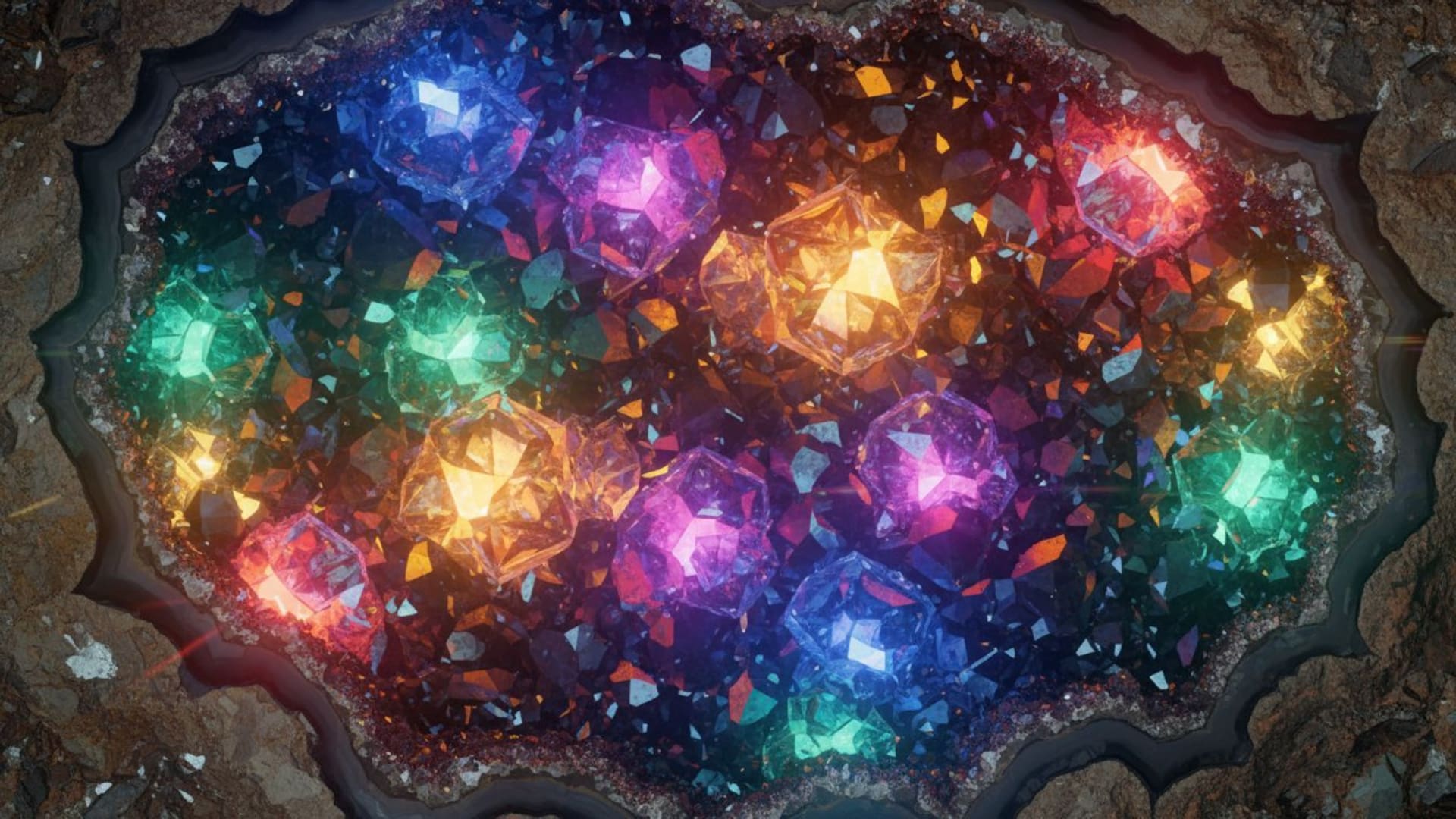 Texture de cristal géode, facettes de diamant, dégradé de couleur, fond ecran lumineux, art géologique.