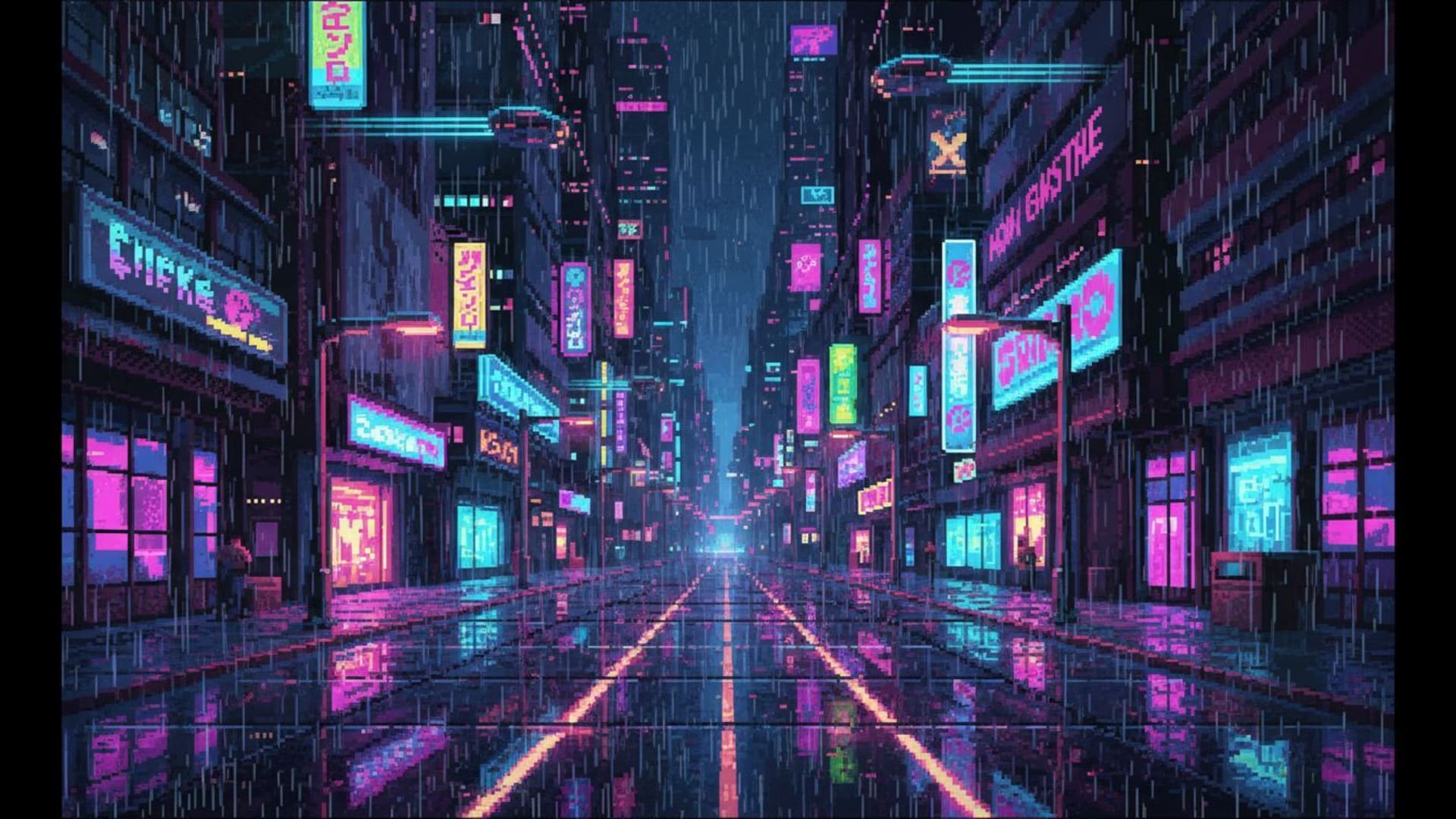 Ville cyberpunk pixellisée nocturne, grille urbaine, néon, pluie, reflets, sombre, vivant.