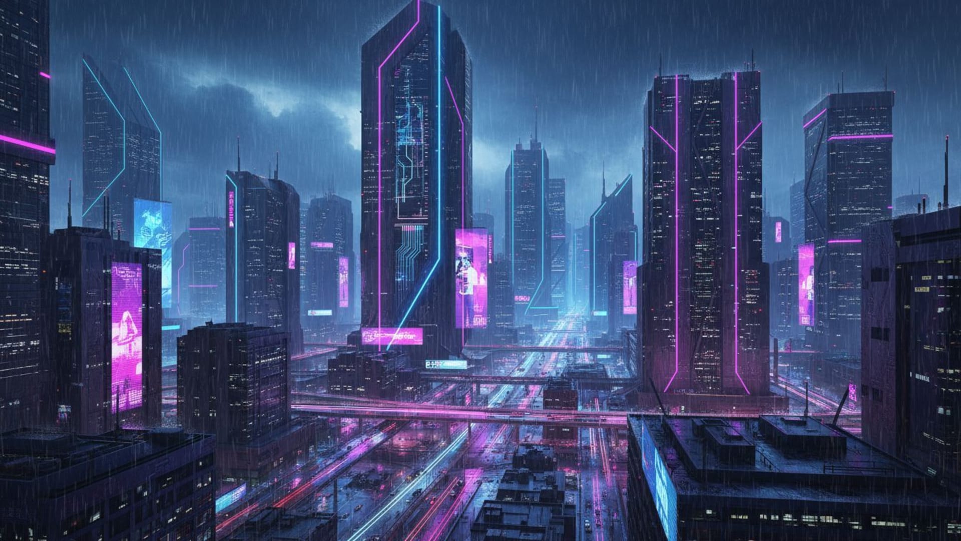 paysage urbain néon cyberpunk nocturne sous la pluie, reflets, gratte-ciel futuristes, lueur bleu violet rose, textures dégradées, art et fond ecran