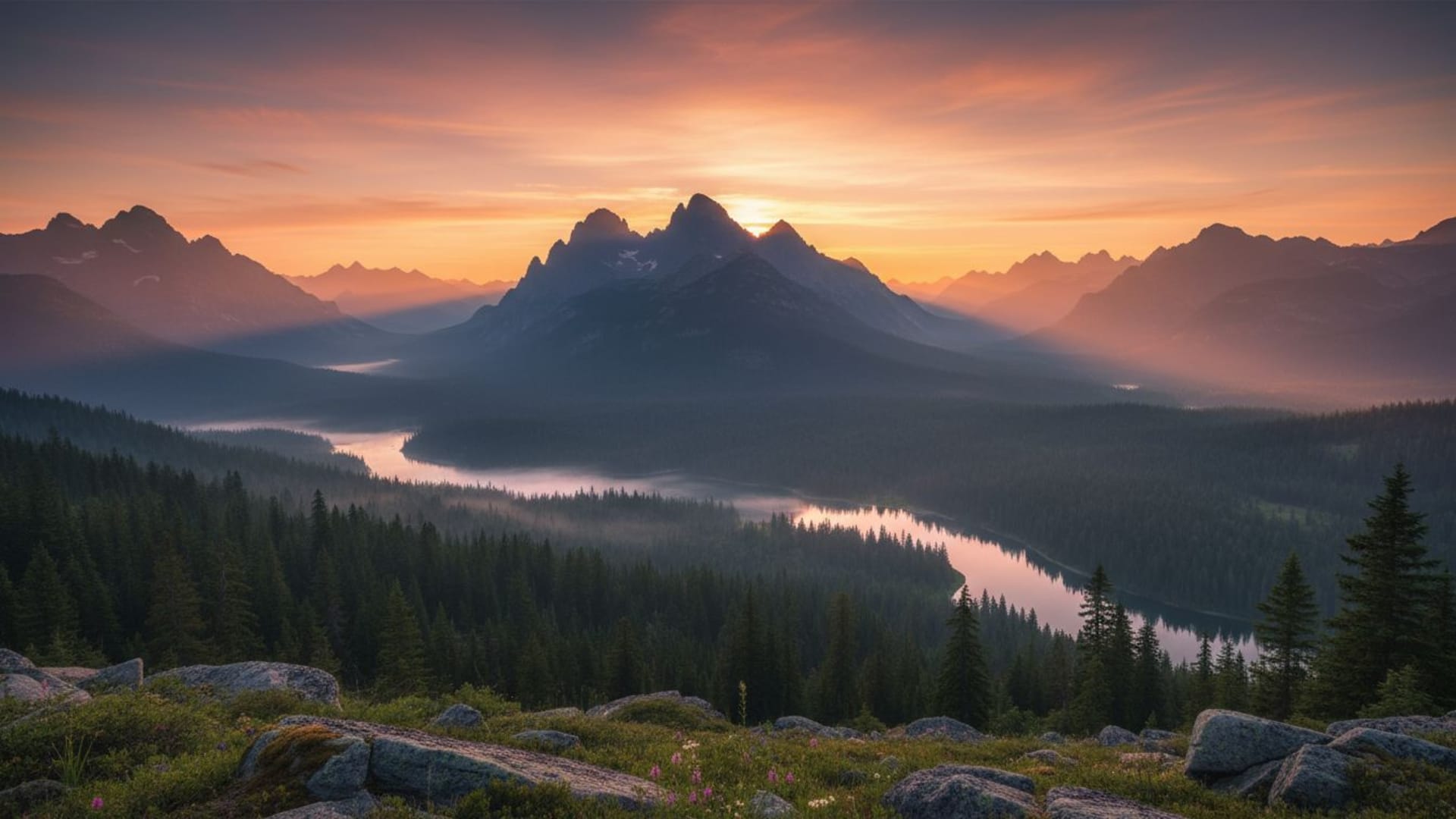 paysage de lever de soleil sur montagne, haute résolution, nature, fond d'écran, forêt calme, pittoresque.