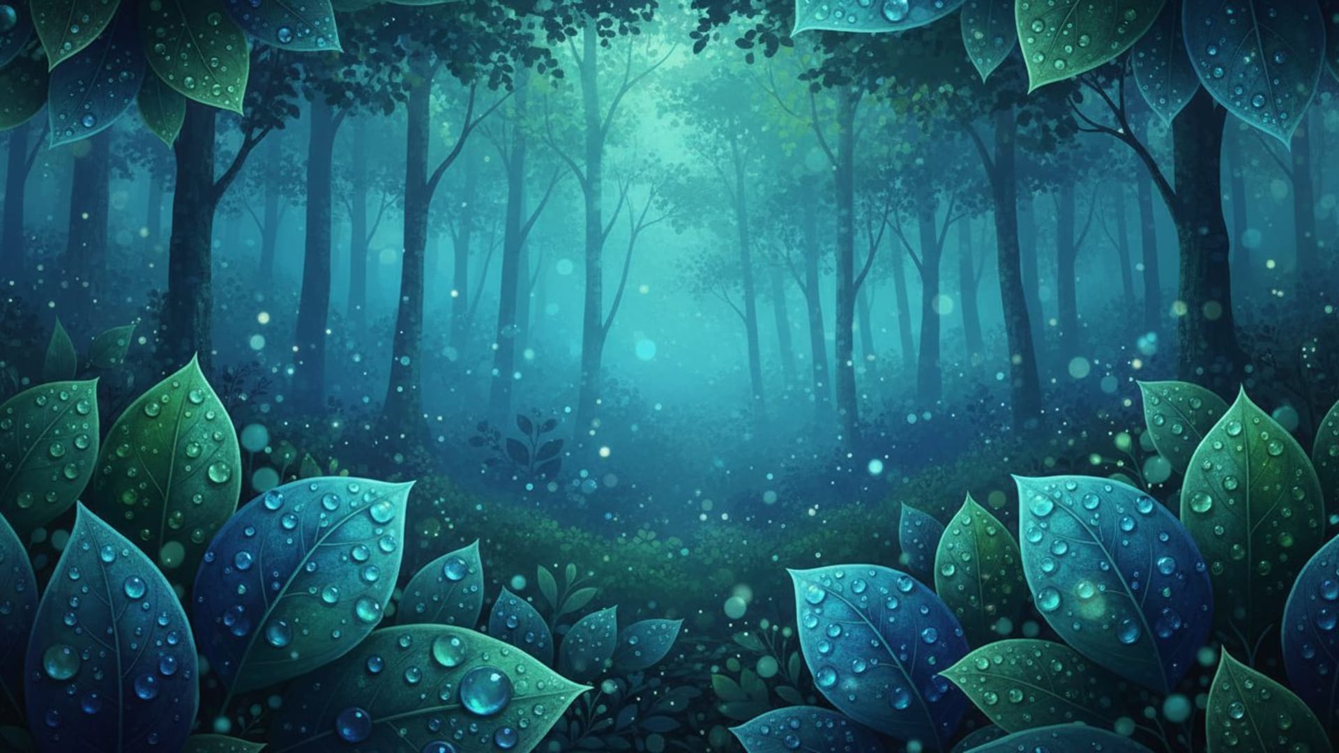 Forêt brumeuse crépuscule bleu-vert effet bokeh feuilles de rosée fond ecran texture