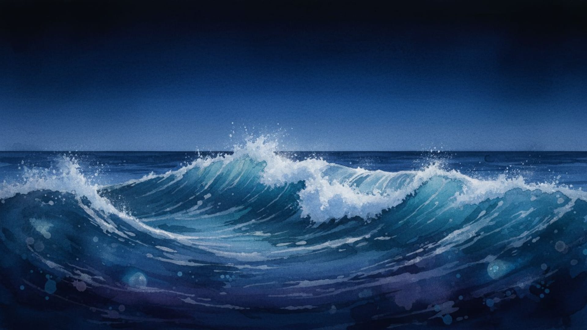 vagues de l'océan à minuit, dégradé bleu profond, aquarelle, photographie, fond ecran, art