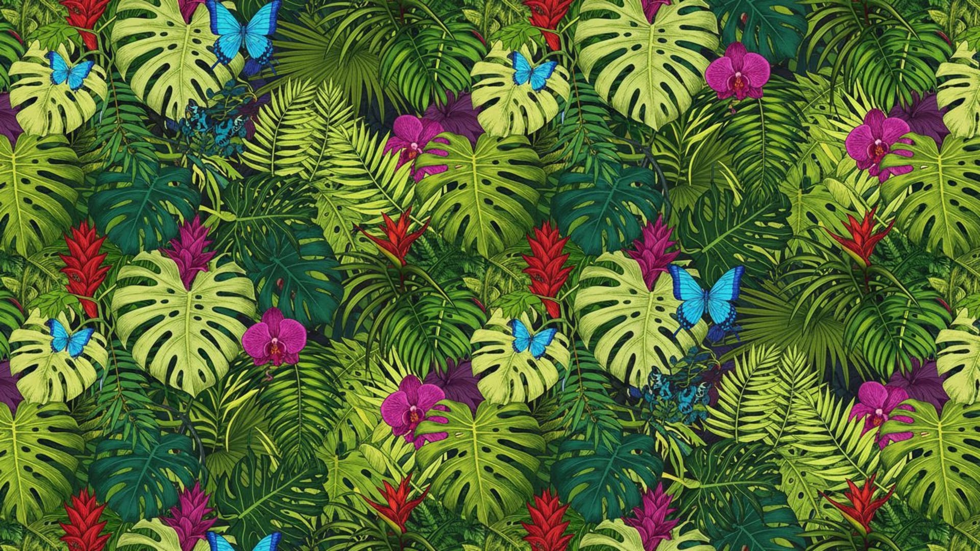 Forêt tropicale au feuillage luxuriant, lumière du soleil à travers les feuilles, motif de fond ecran vibrant.