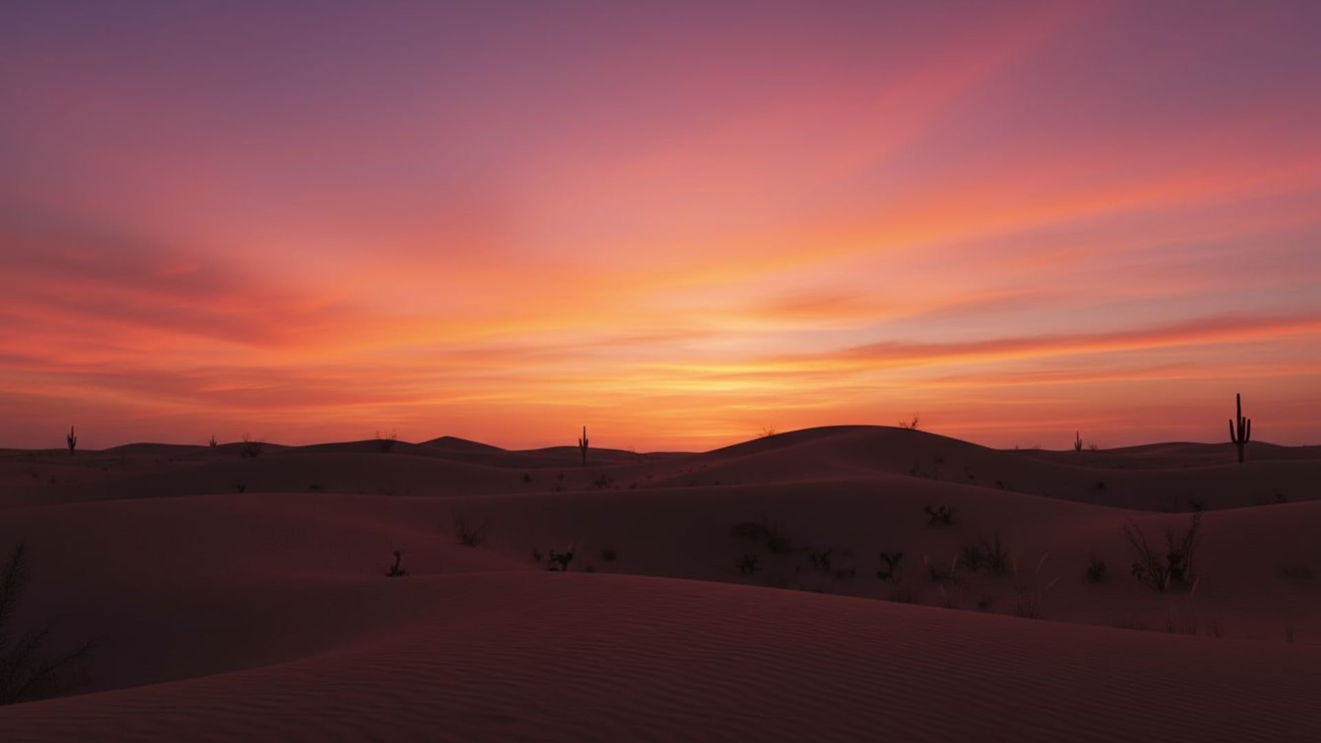 coucher de soleil sur le désert, dunes, dégradé chaud orange et rose, fond ecran, silhouette, ciel