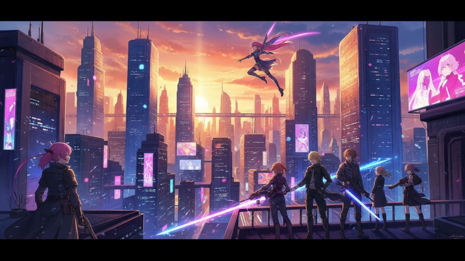 fond d'écran au style anime, personnages vibrants, paysage urbain, art numérique, affiche colorée
