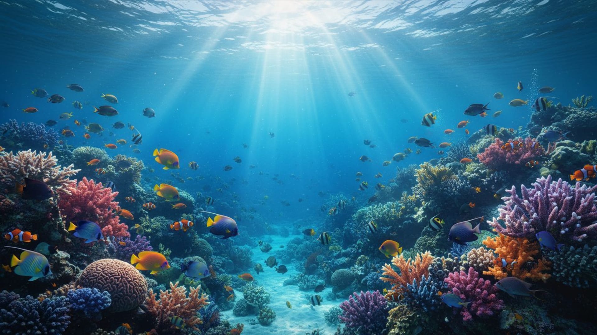 Un poisson de récif corallien vivant sous l'eau est éclairé par des rayons de soleil bleu turquoise sur un fond ecran marin représentant la mer.
