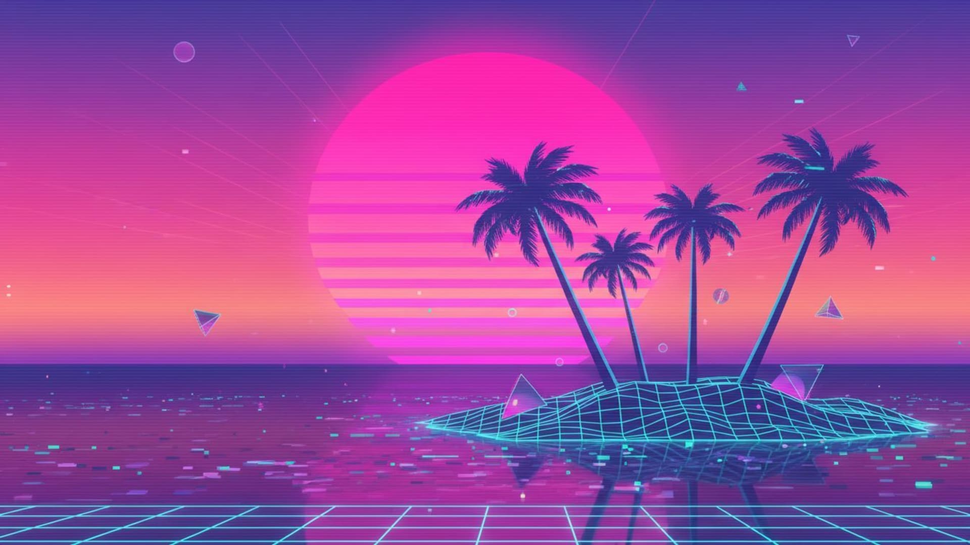 Vaporwave rétro synthwave coucher de soleil palmiers couleurs rétro fond ecran rose