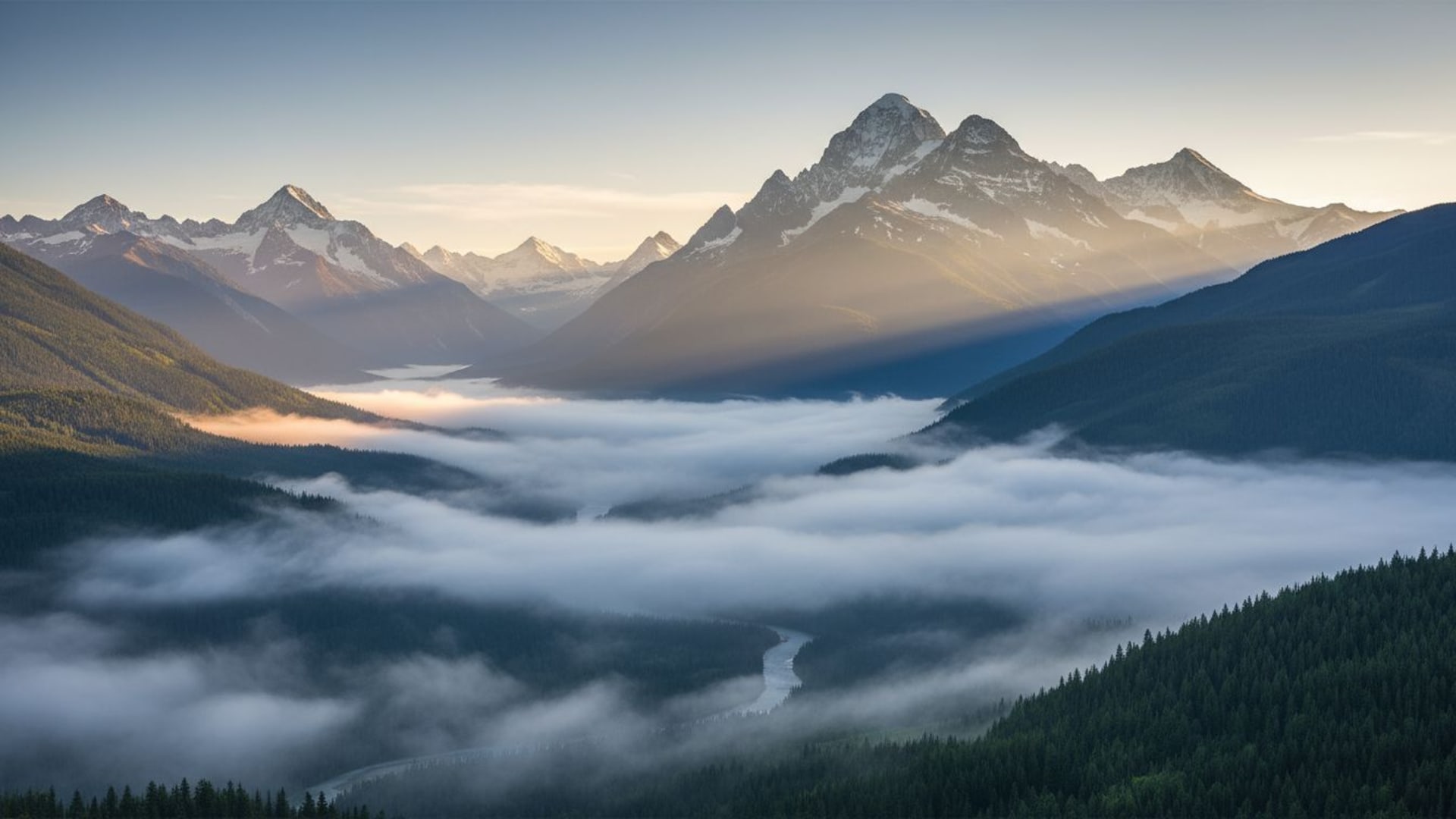 paysage de montagne, vallée alpine, matin brumeux, feuillage persistant, sommets enneigés, panorama, lumière du soleil sereine