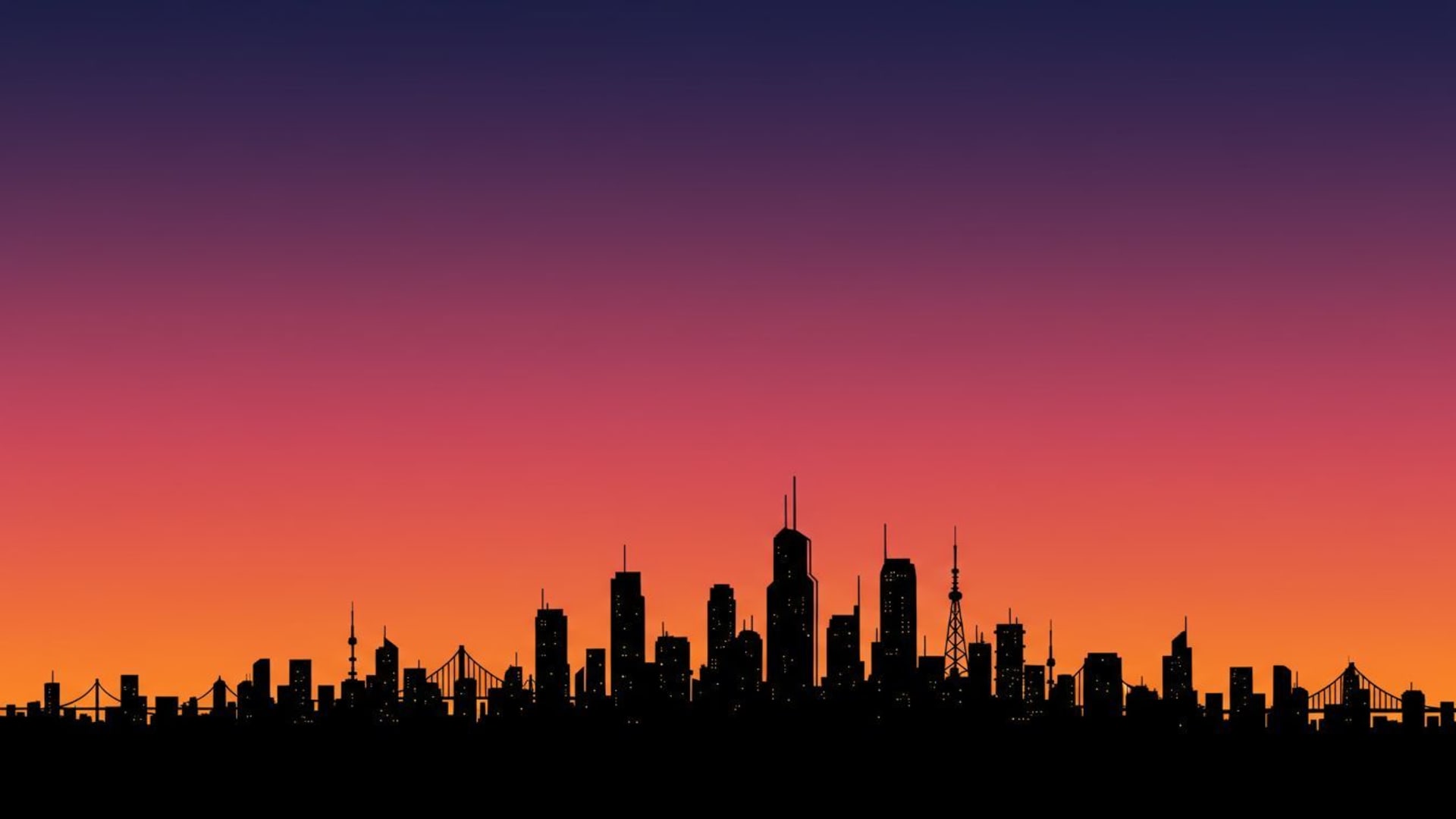 silhouette de la ligne d'horizon de la ville au coucher du soleil fond d'écran minimaliste urbaine crépuscule dégradé de tons de couleurs