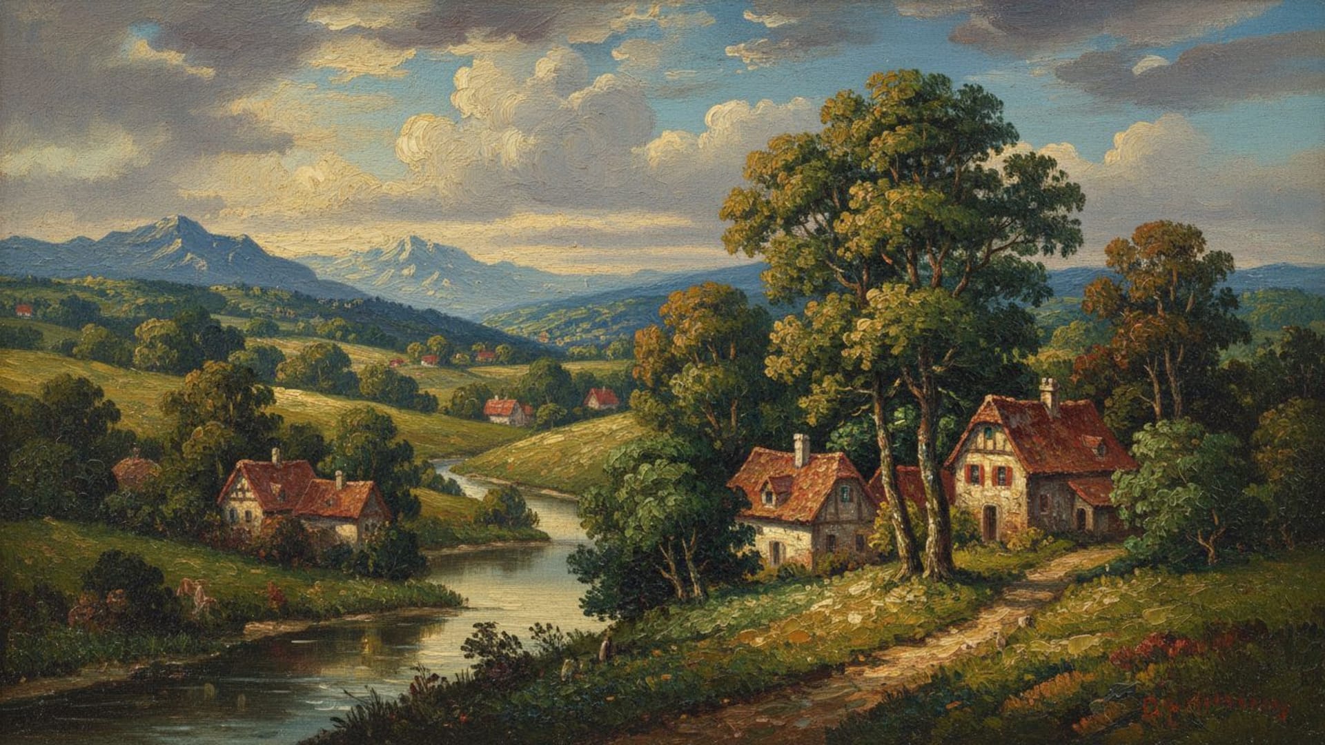 peinture à l'huile paysage classique toile touches de pinceau couleurs riches texture de fond ecran