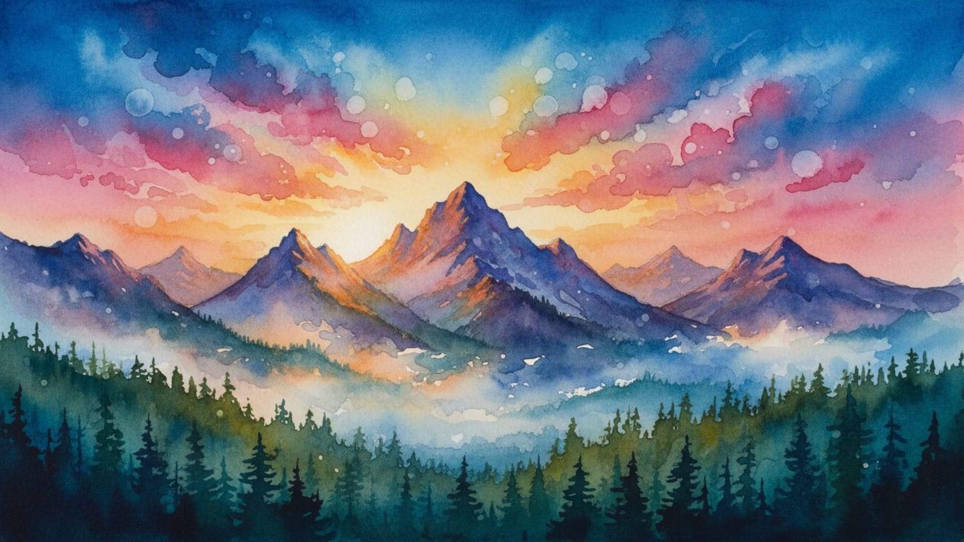 lever de soleil sur des montagnes brumeuses ciel vibrant pinède ultramarine textures d'aquarelle lumière douce flou d'arrière-plan nuages