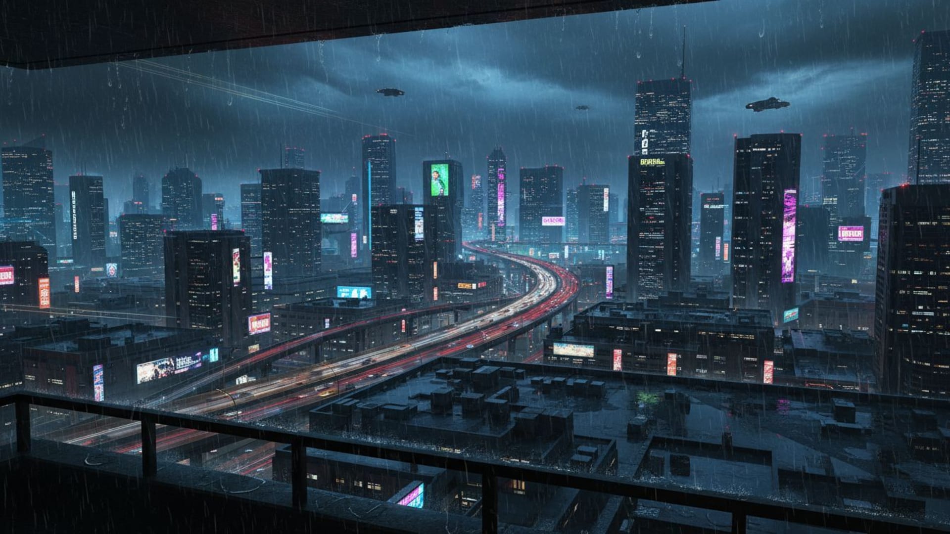 ciel nocturne de la ville néon, reflets de pluie, futuriste cyberpunk, éclat, agitation, trafic vibrant, flou du mouvement