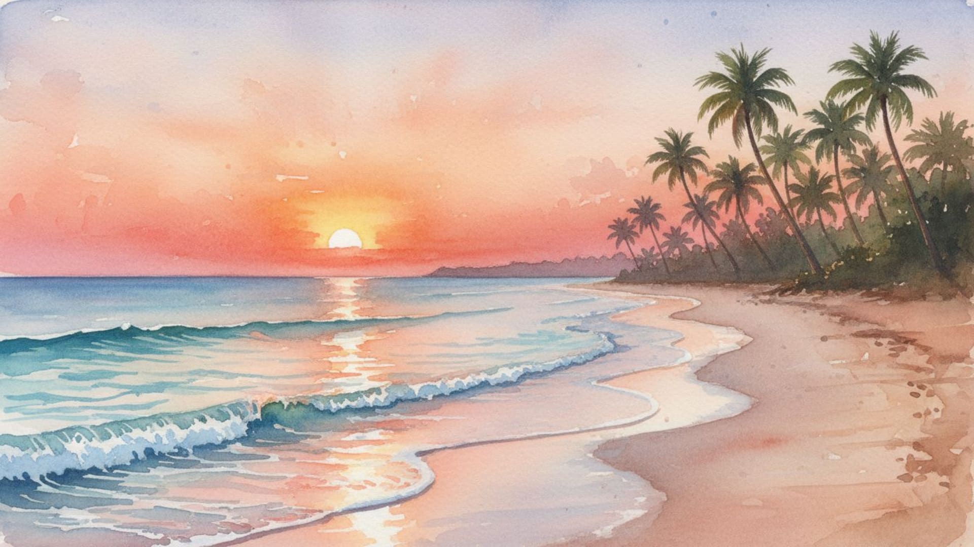 coucher de soleil de plage tropicale silhouettes de palmiers dégradé chaud aquarelle vagues brise légère horizon rêveur