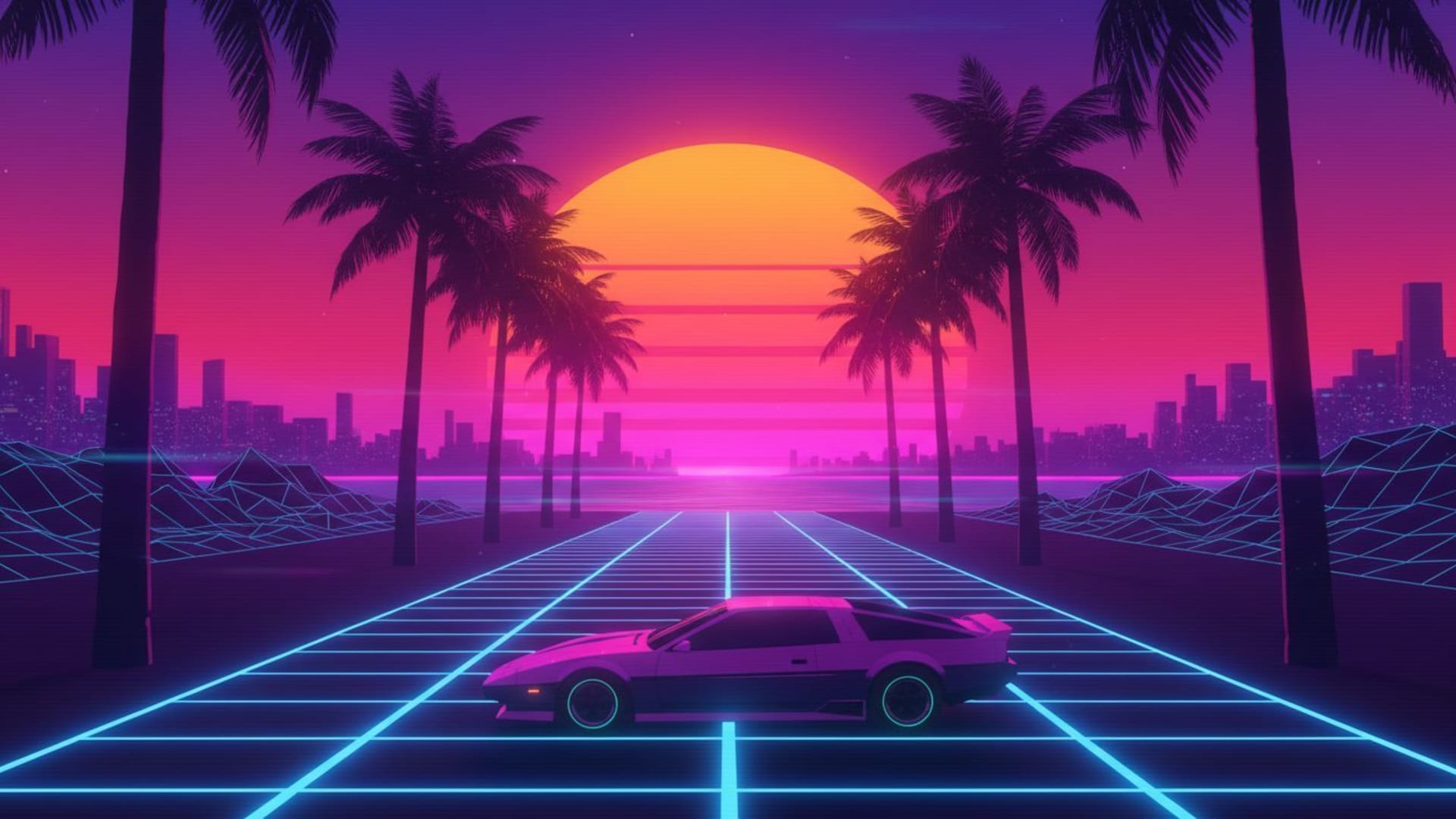 Style anime rétro vaporwave des années 80 synthwave grille néon coucher de soleil palmiers