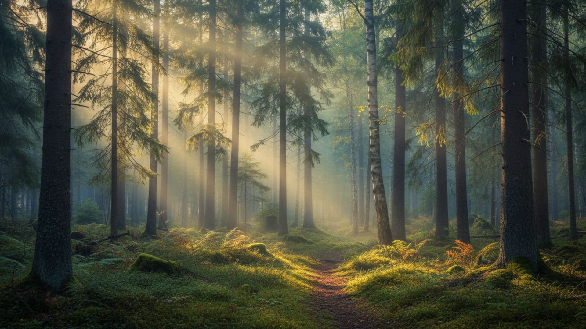 Forêt norvégienne brume aube lumière du soleil lumière tachetée feuillage ambiance bois forêt fond ecran