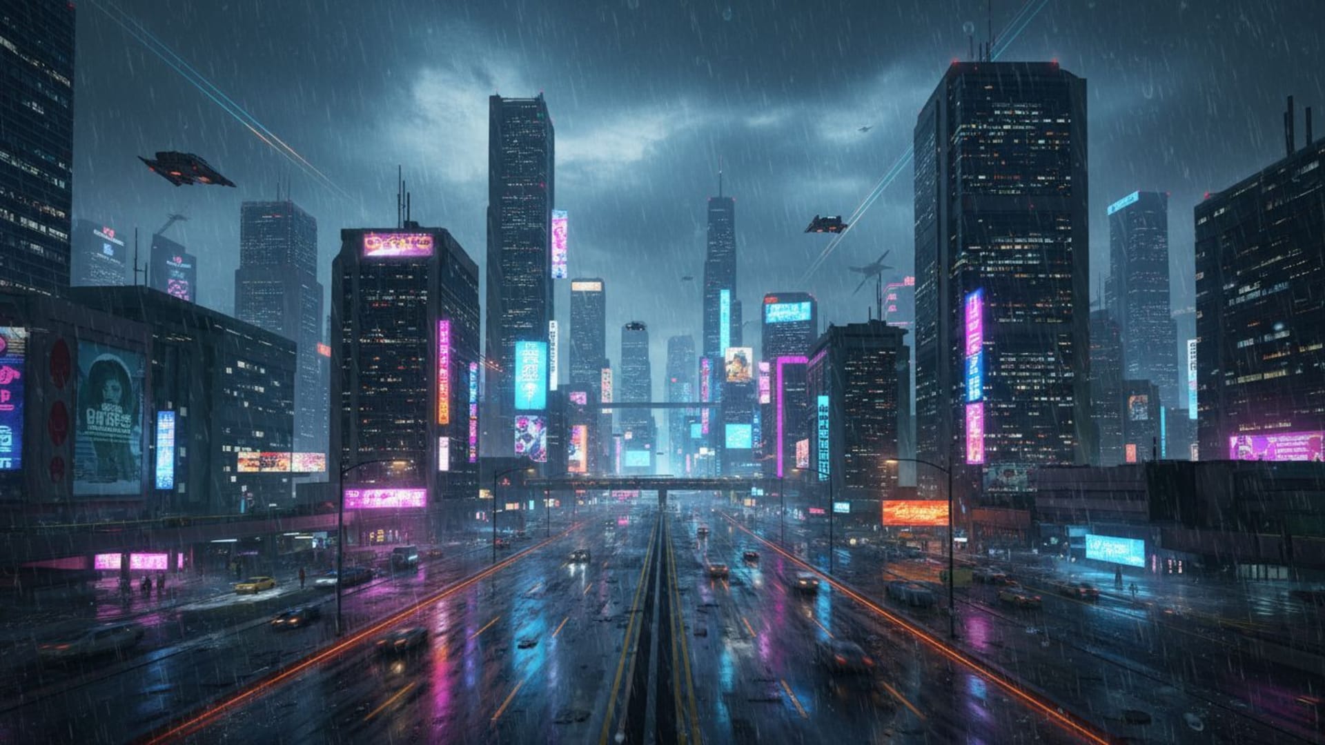 Un paysage urbain cyberpunk avec des néons, pluie nocturne, silhouette de la ville, reflet, rues mouillées, atmosphère