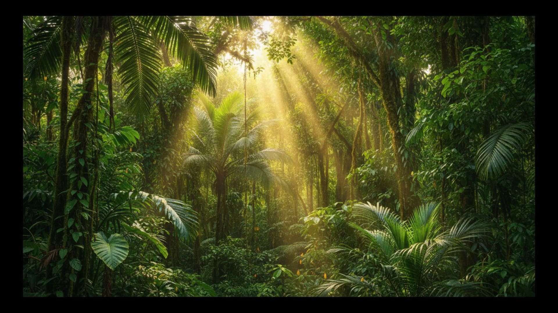 les rayons de soleil à travers la canopée de la forêt tropicale illuminent les feuilles luxuriantes et vertes créant une atmosphère vibrante de la nature comme fond ecran