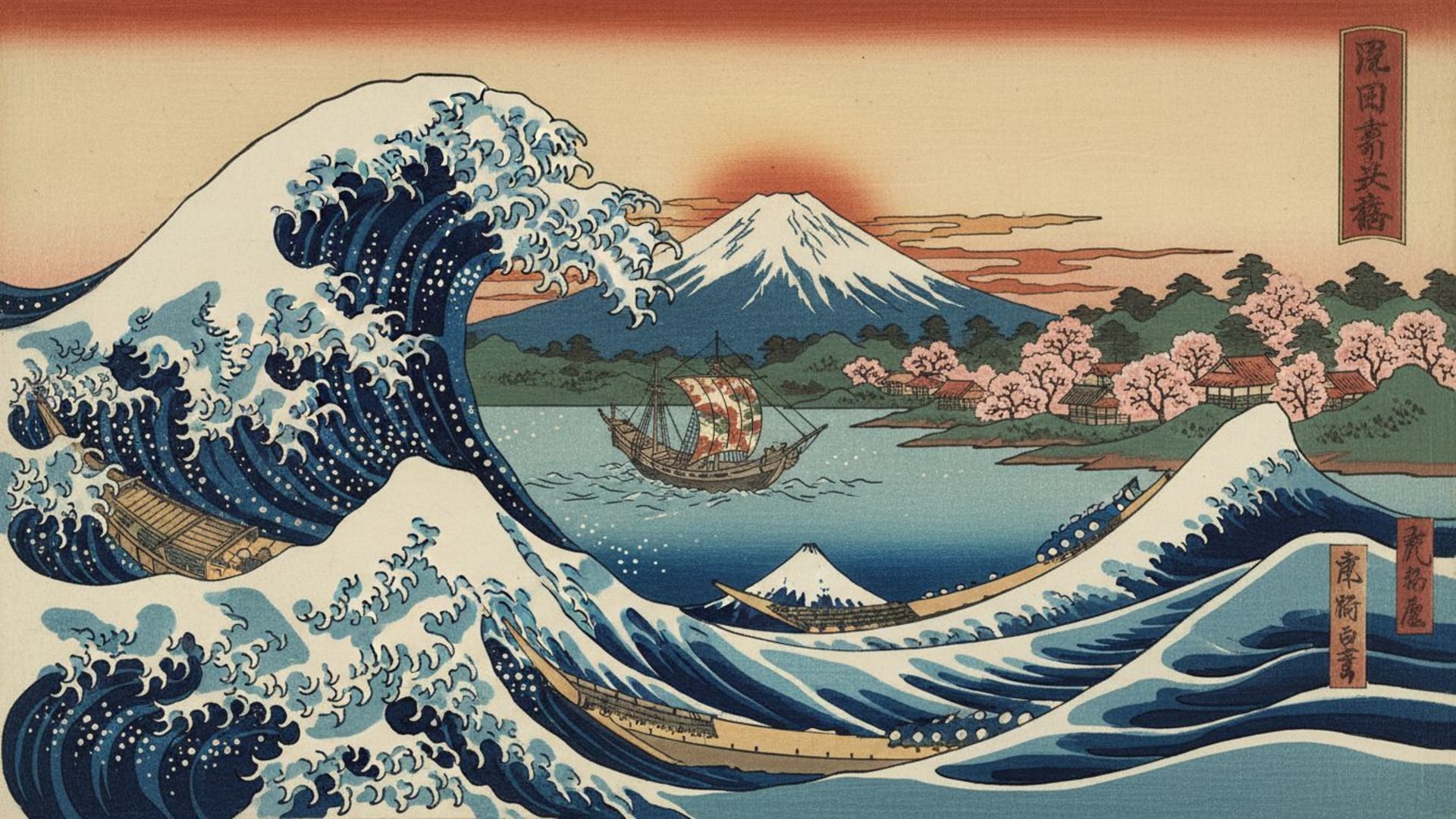 Paysage de vagues d'ukiyo-e japonais traditionnel en bois gravé, décor mural paisible, orné