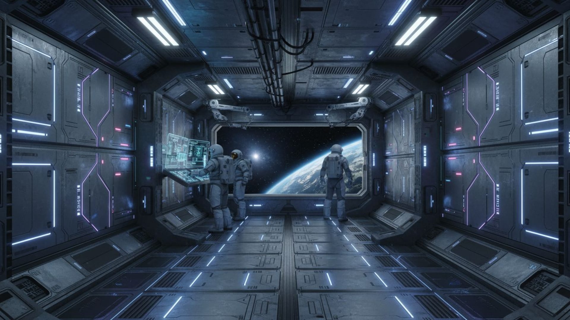 panneaux modulaires de station spatiale textures métalliques astronautes intérieur futuriste fond ecran