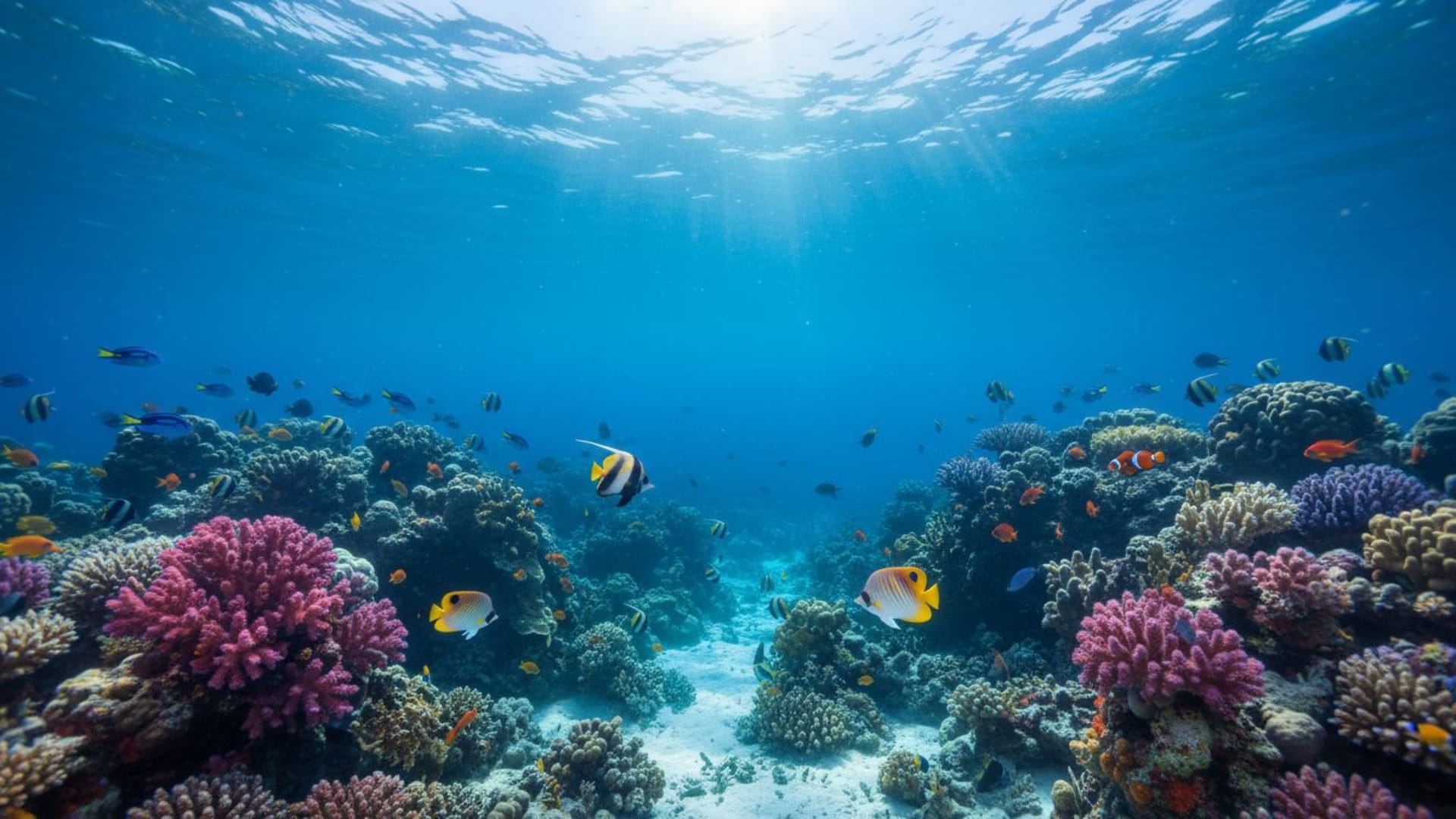 Récif corallien sous-marin, poissons tropicaux, océan bleu, rayons du soleil, mer profonde et tranquille.