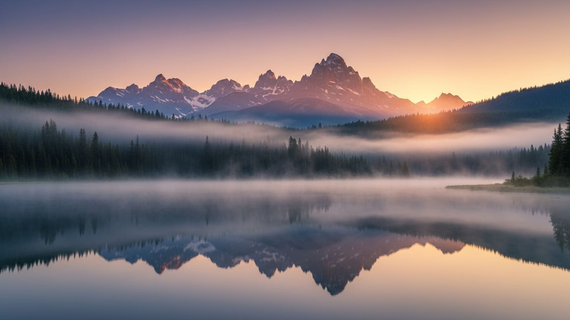 montagnes lever du soleil forêt lac brume nature fond ecran hd 4k paysage pittoresque couleurs vives vue épique