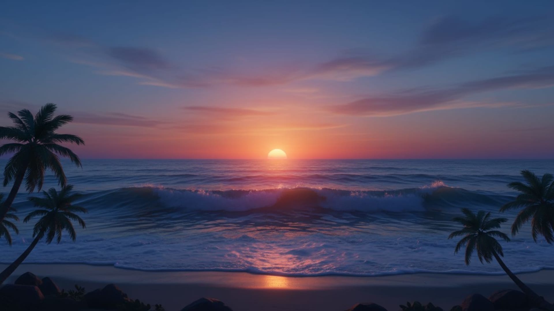 Vagues de l'océan coucher de soleil plage silhouette de palmier paysage tropical bleu fond d'écran apaisant serein mouvement