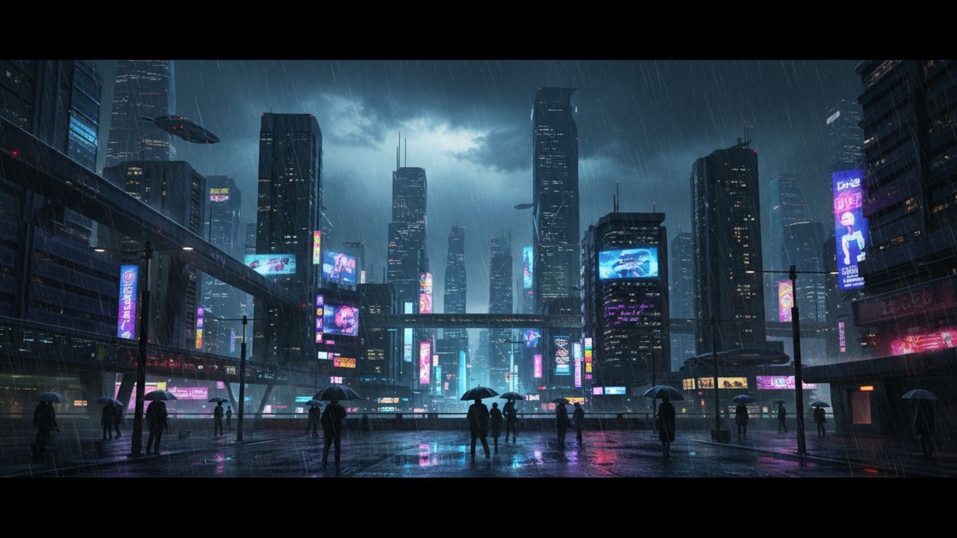 ville cyberpunk nuit pluie néon reflets horizon futuriste sombre atmosphérique fond ecran