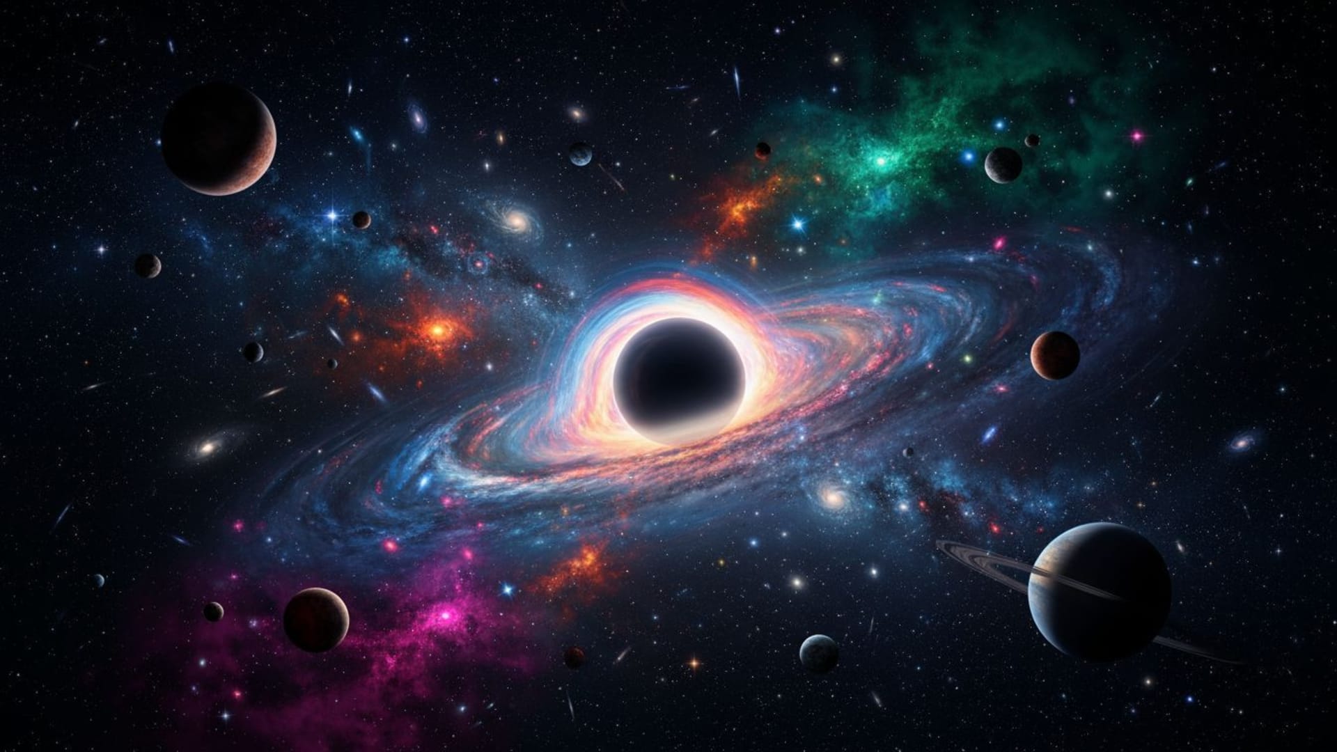 nébuleuse spatiale galaxie planètes champ d’étoiles trou noir cosmos fond d’écran vue large