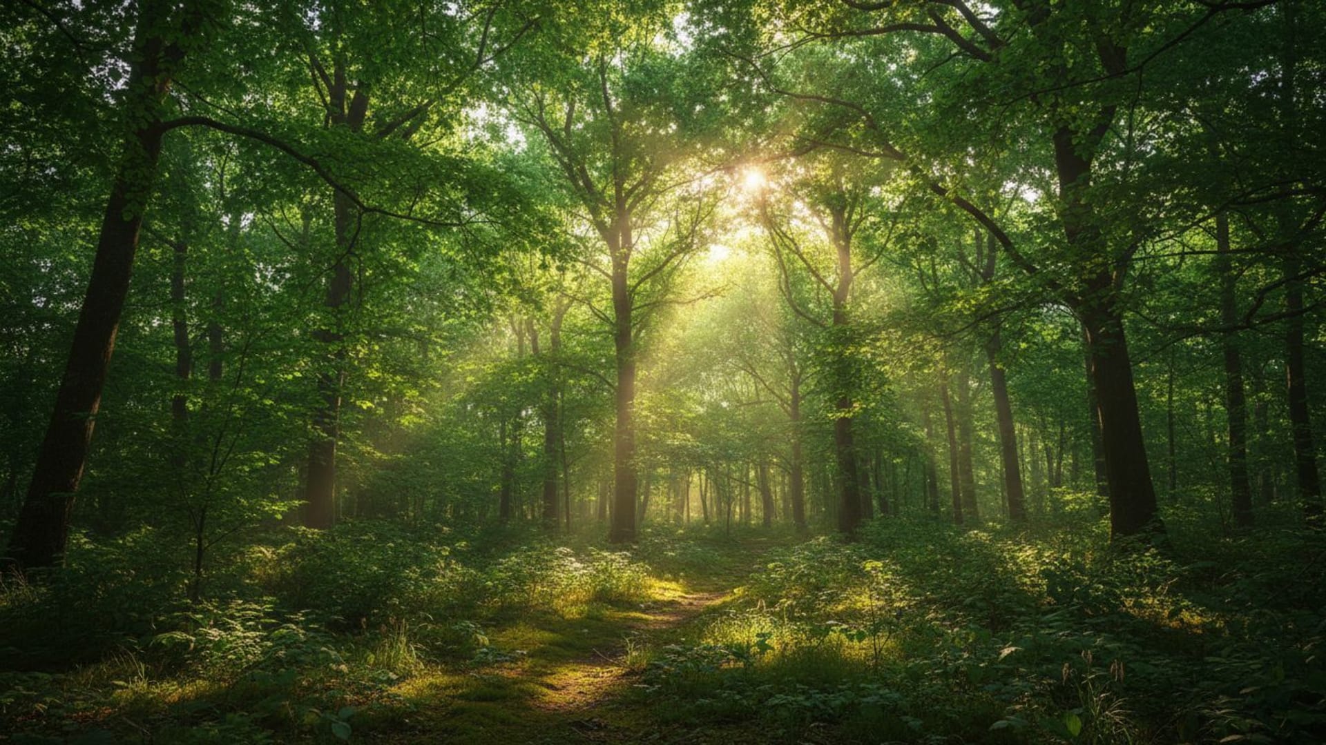 les rayons de soleil filtrés à travers la canopée forestière, lumière tachetée, fond d'écran vert, nature luxuriante, paisible