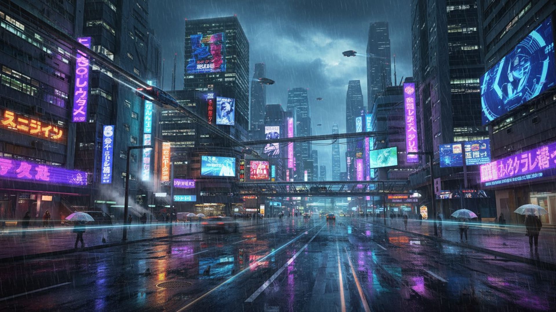 Silhouette nocturne de la ville, néon, pluie, reflets, chaussée mouillée, cyberpunk, futuriste, urbain, paysage nocturne.