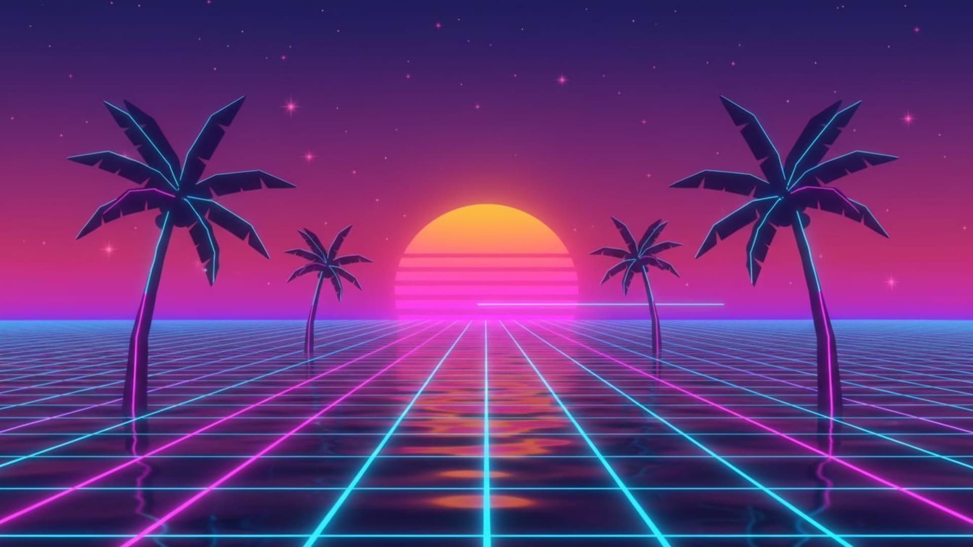crépuscule vaporwave rétro lignes de grille palmiers synthwave des années 80 fond d'écran néon lumineux