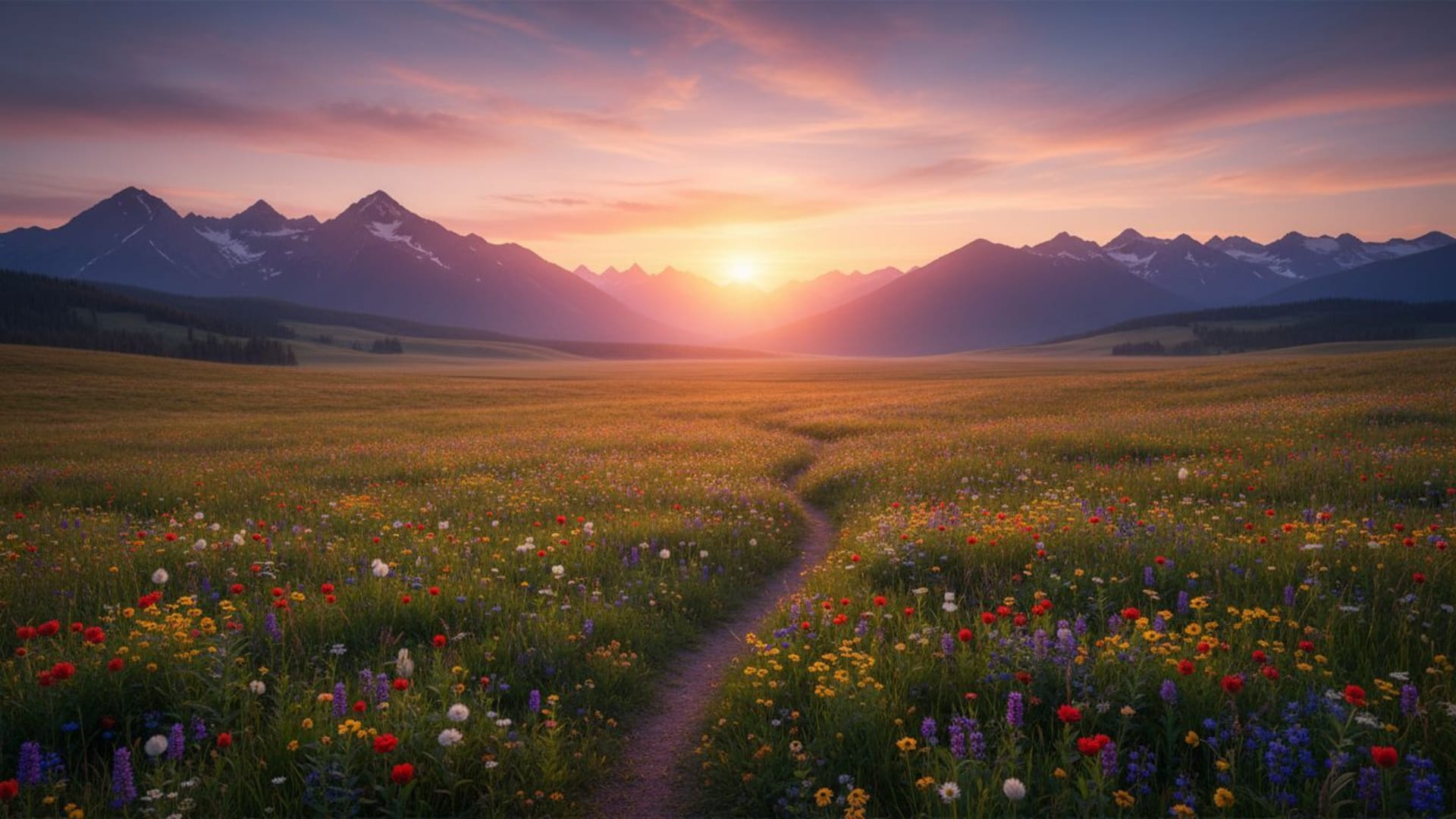prairie de montagne fleurs sauvages coucher de soleil paysage vaste ouvert paysage serein fond d'écran panorama