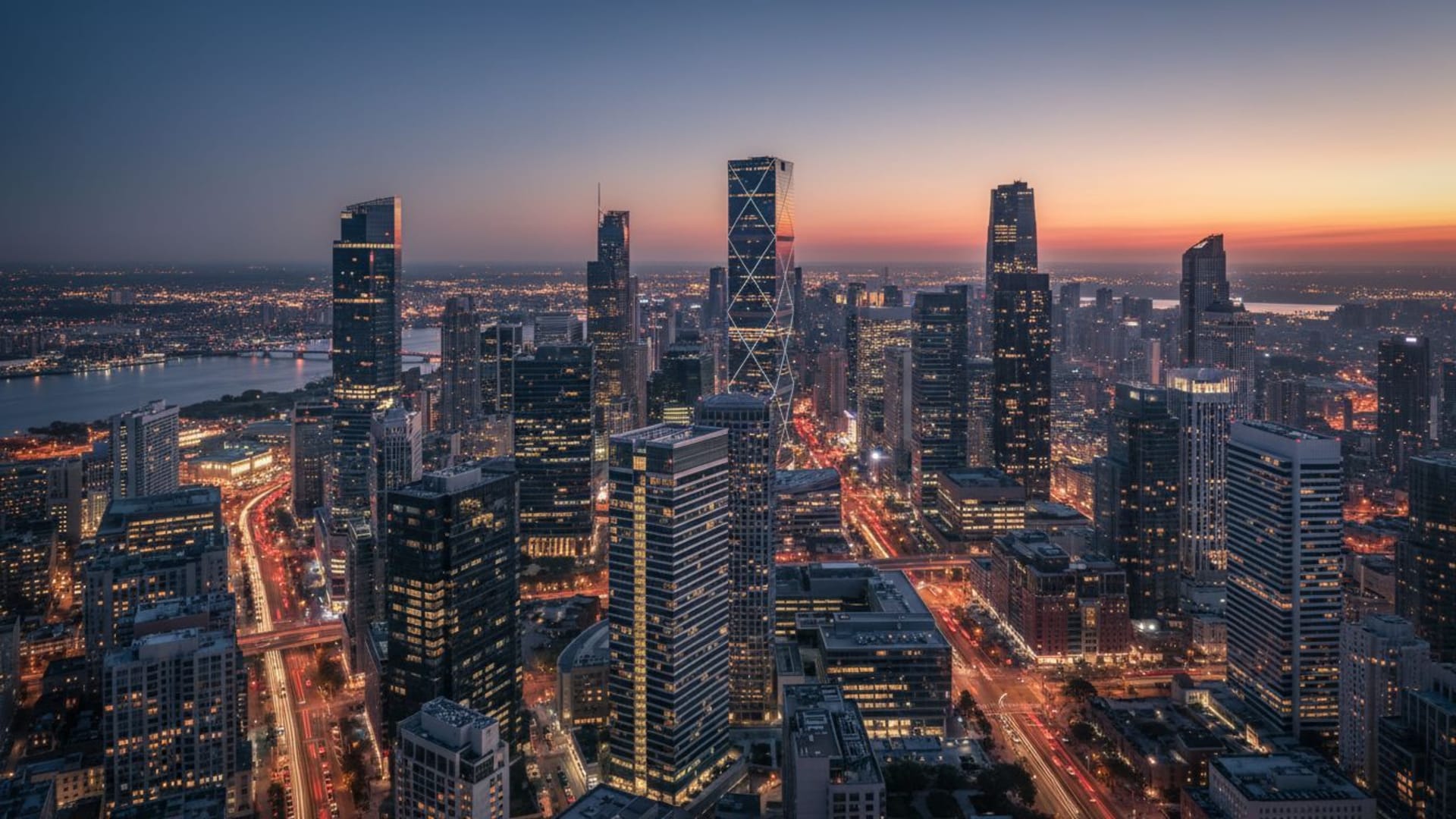 Vue aérienne du profil de la ville au crépuscule avec des gratte-ciel lumineux et un fond d'écran urbain moderne minimaliste