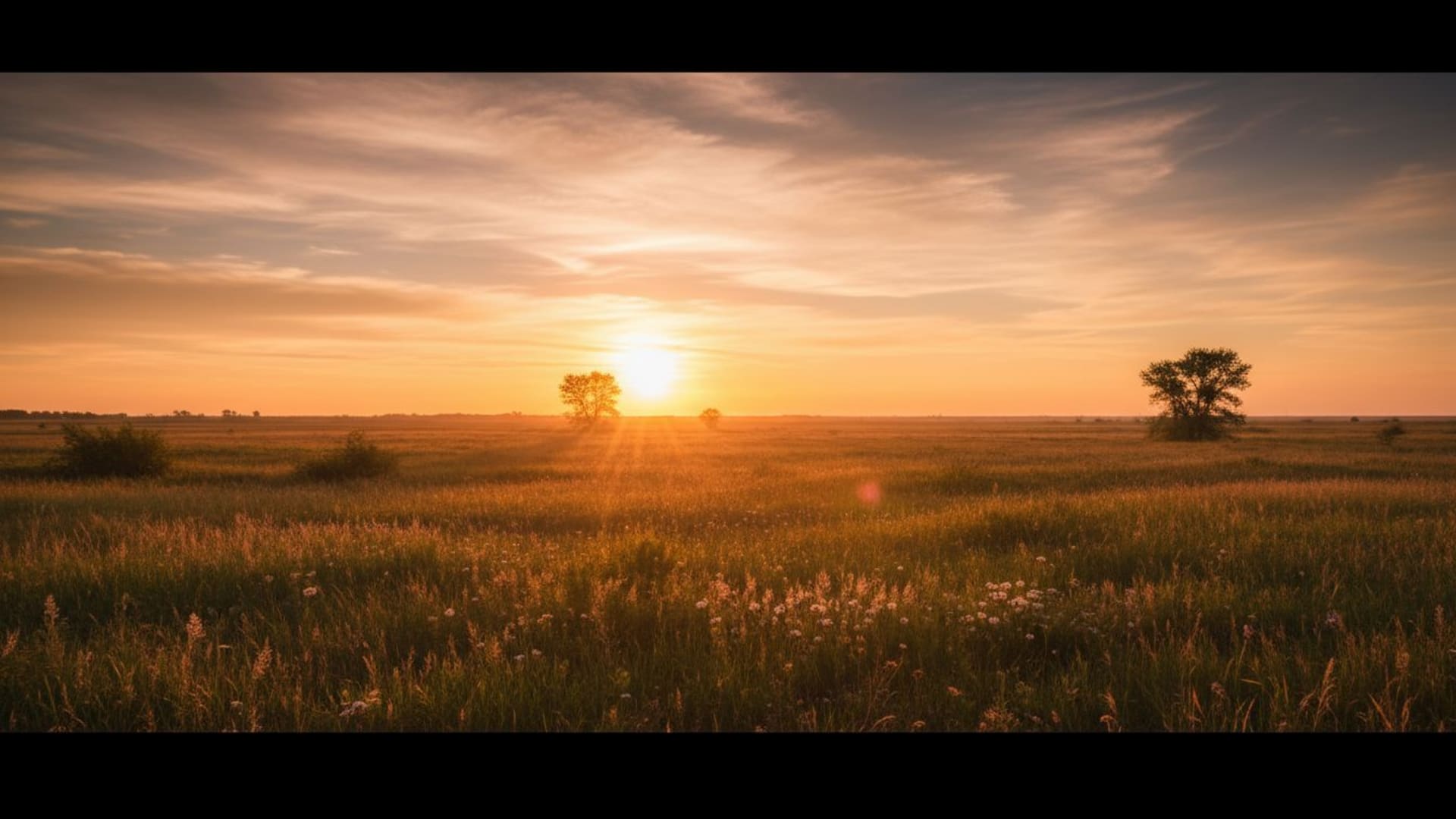 silhouette d'heure dorée prairie champ grand ouvert fond ecran lumière chaude