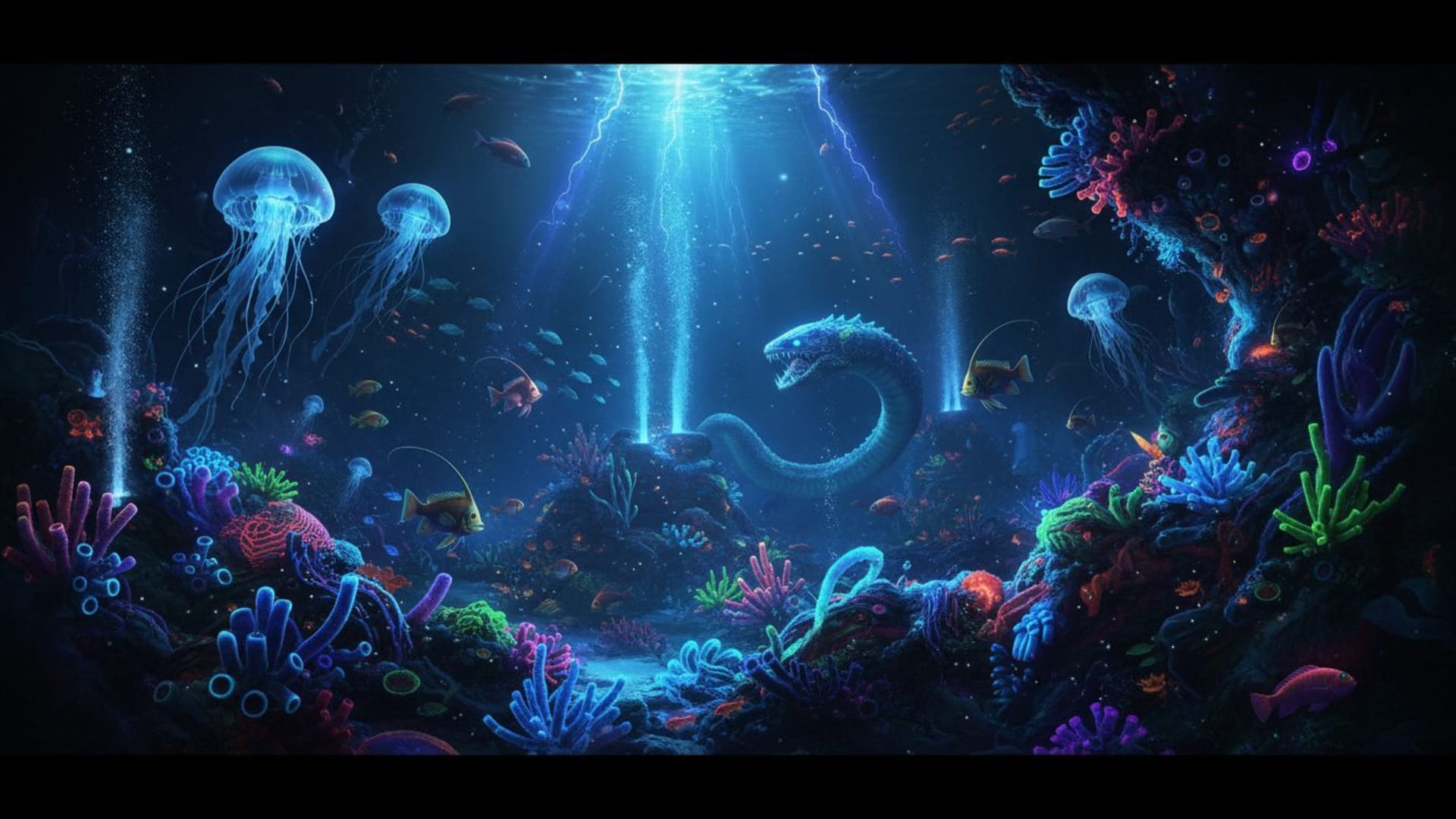 Créatures du fond de la mer, abyssale, récif de corail éclairé au néon, fond ecran.
