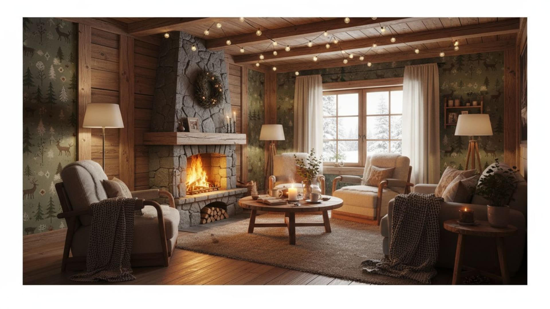 fond ecran intérieur de cabine en bois rustique chaud et douillet style hygge