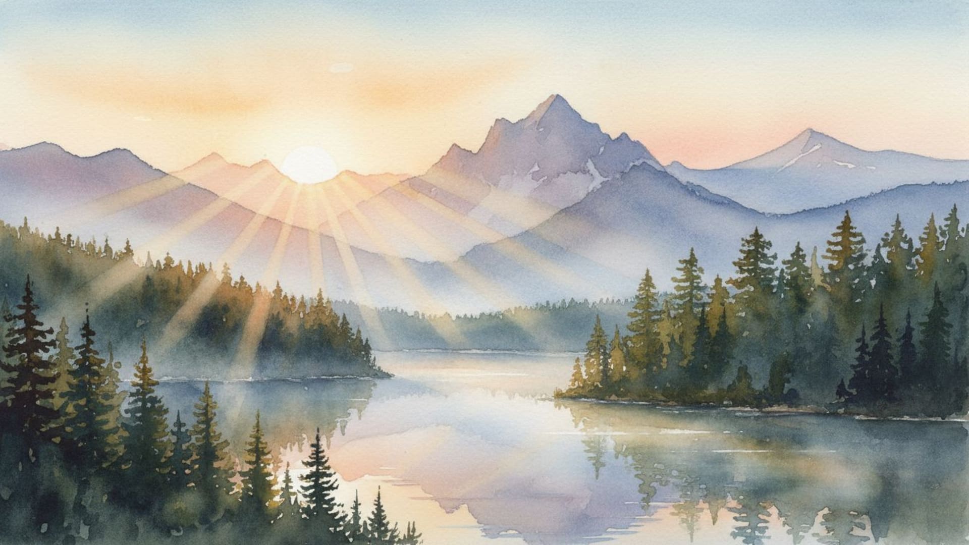 la nature à l'aube forêt brume montagnes lac calme sérénité lever du soleil lumière du soleil style aquarelle