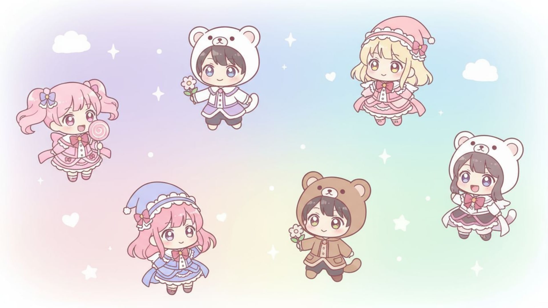 fond d'écran esthétique anime personnages chibi kawaii dégradé pastel doux