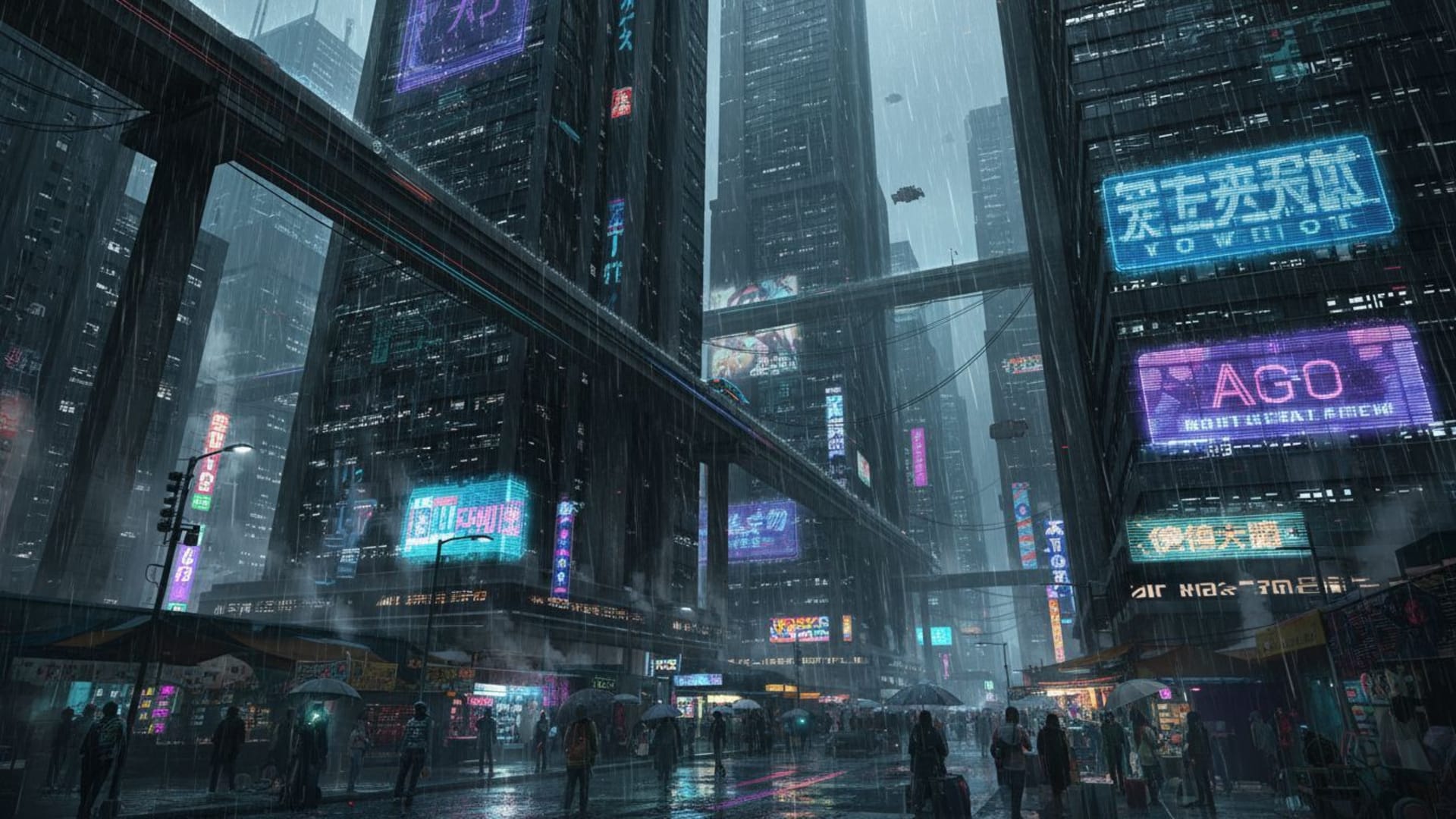 Un paysage urbain cyberpunk avec des néons, de la pluie, des reflets, des gratte-ciel, dystopique, futuriste, sombre et mélancolique