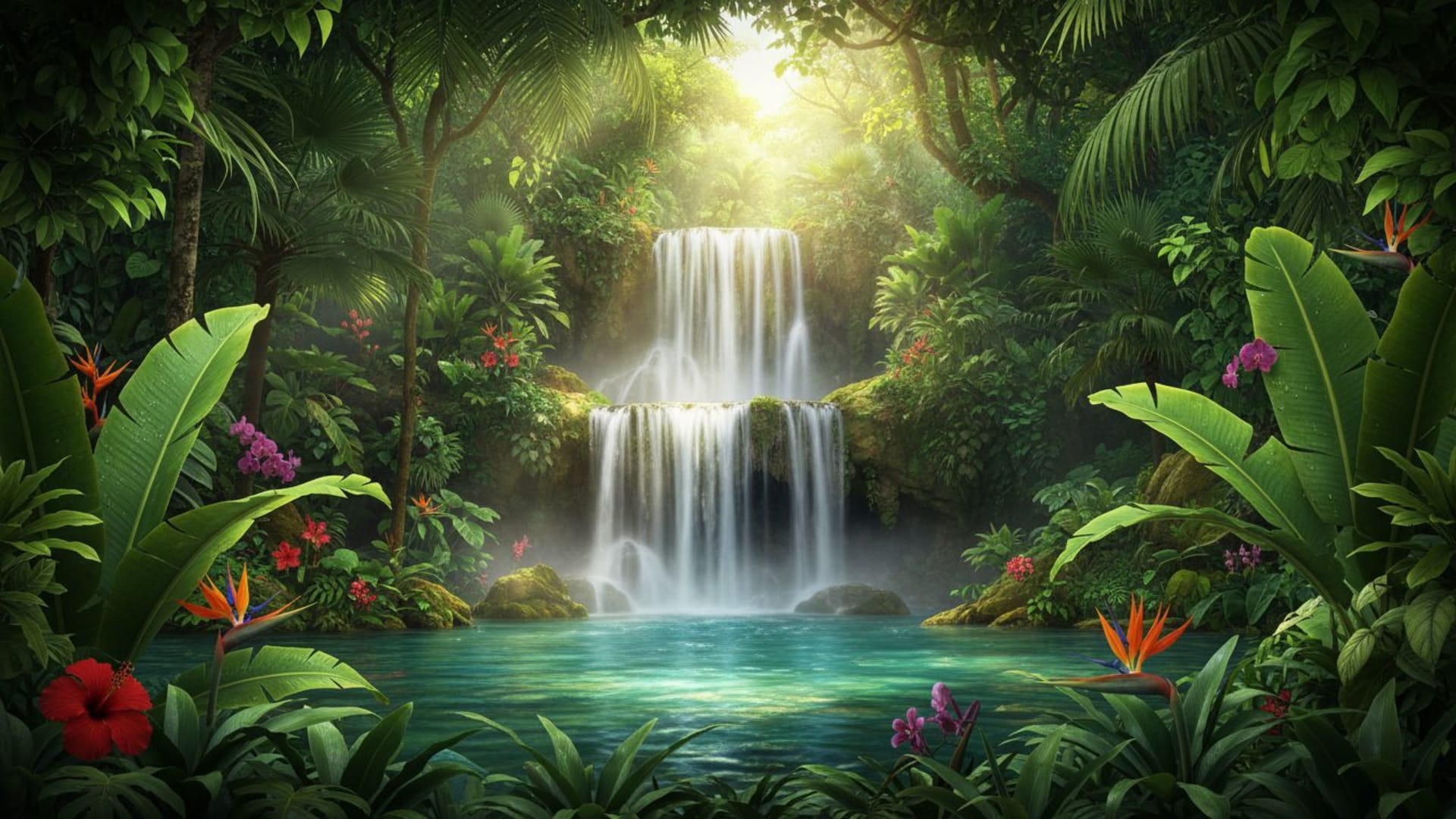 cascade de la jungle tropicale feuilles de palmier soleil ambiance estivale fraîche vive fond ecran
