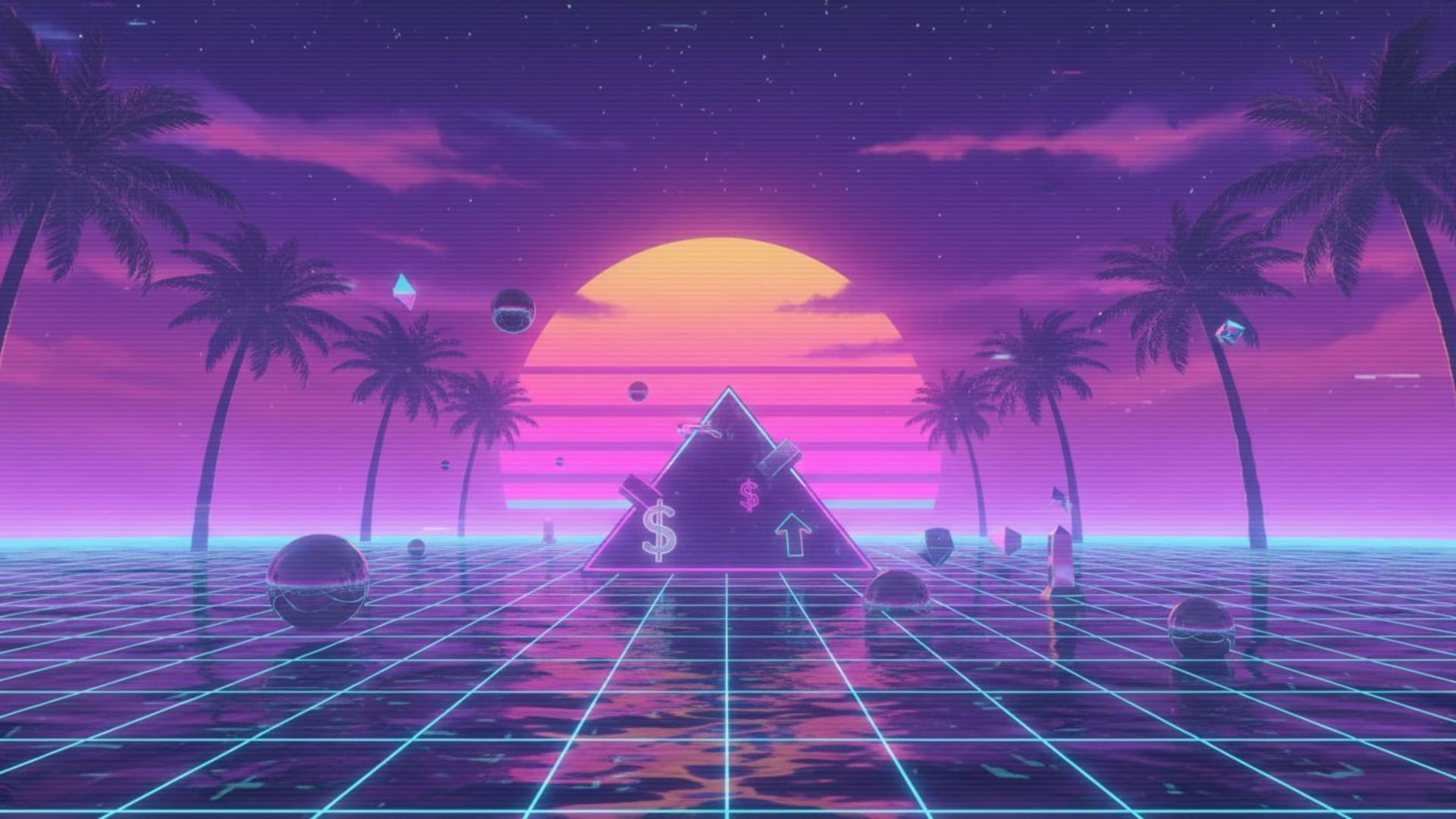 crépuscule vaporwave des années 80 rétro grille capitalisme palmiers synthwave onirique