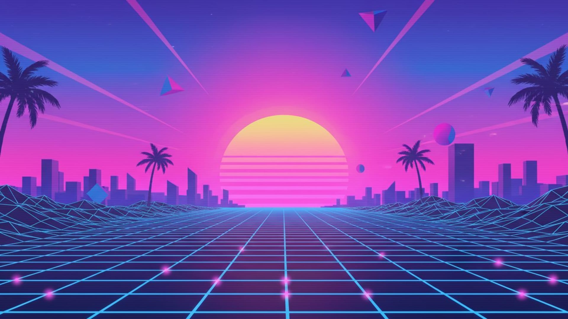 palette de couleurs rétro vaporwave rose, bleu et violet, grille, lever du soleil, coucher du soleil, esthétique d’anime