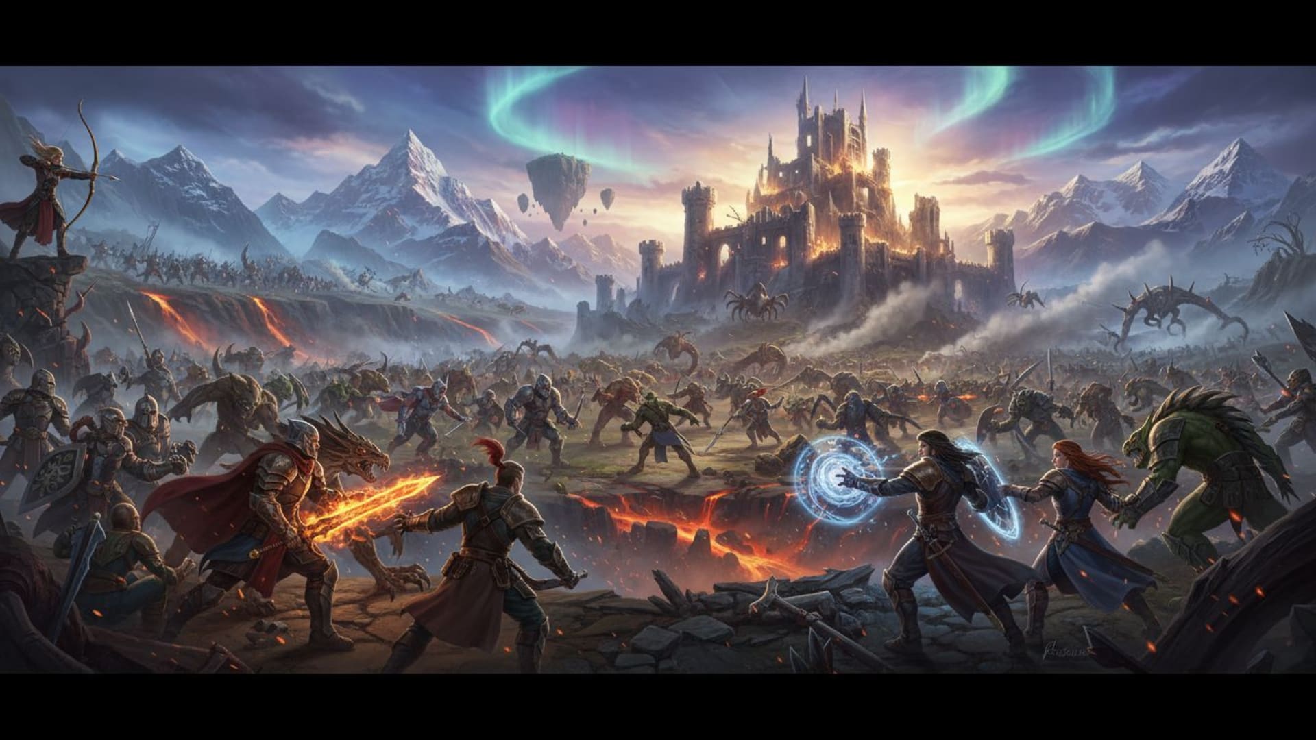 fond ecran de jeu personnages héros bataille épique paysage fantastique cinématographique grand écran