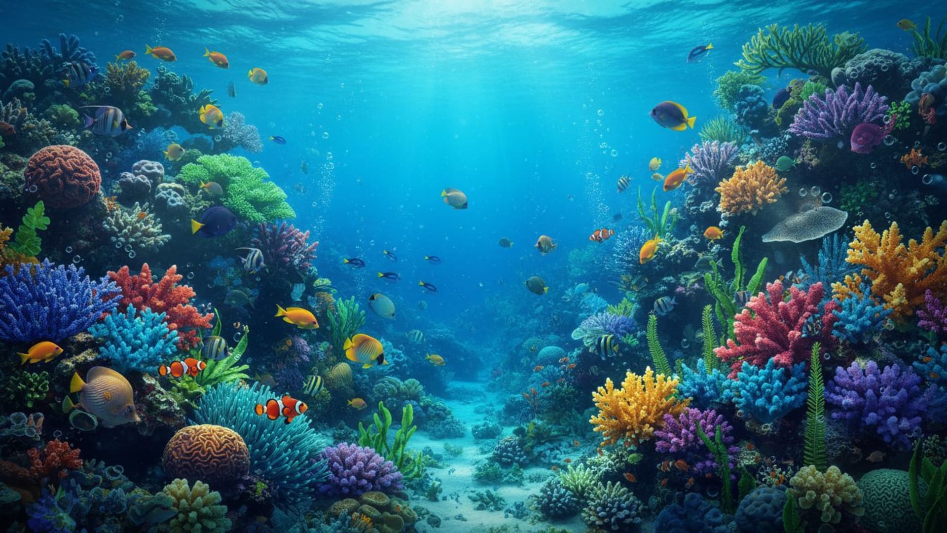 poissons de récif corallien sous-marin océan tropical bleu vert vibrant fond ecran