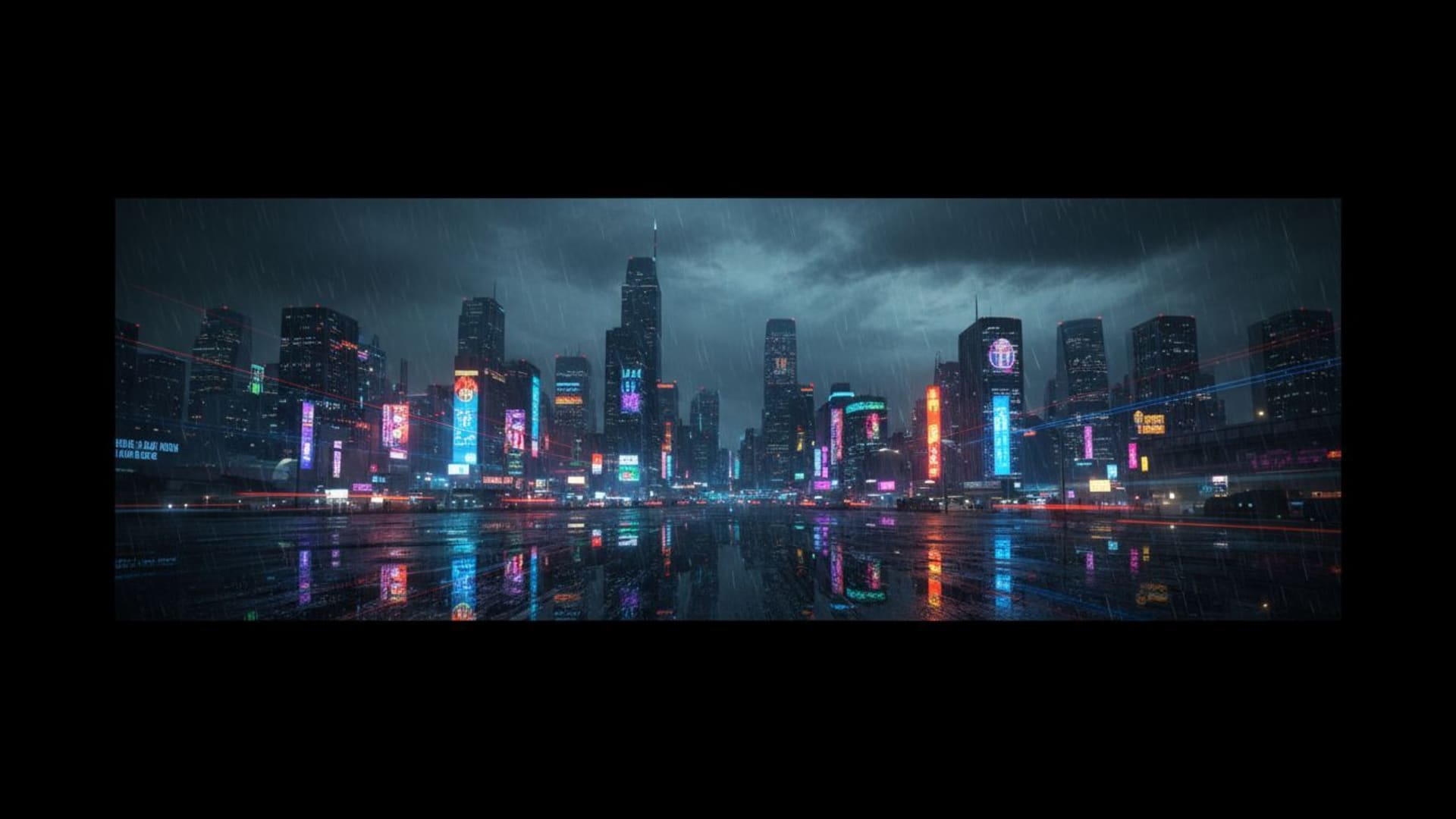 site urbain nocturne horizon néon éclat reflets pluie fond ecran ambiance sombre atmosphérique