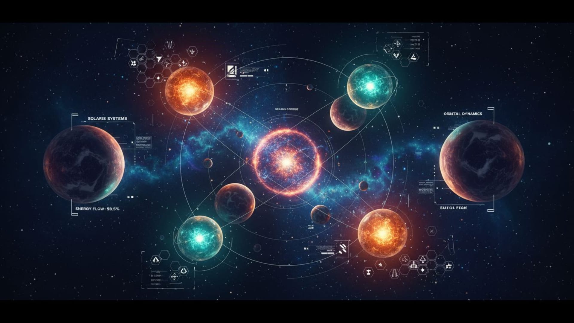 Billes spatiales, planètes orbitant des étoiles, style d'interface futuriste, fond ecran brillant