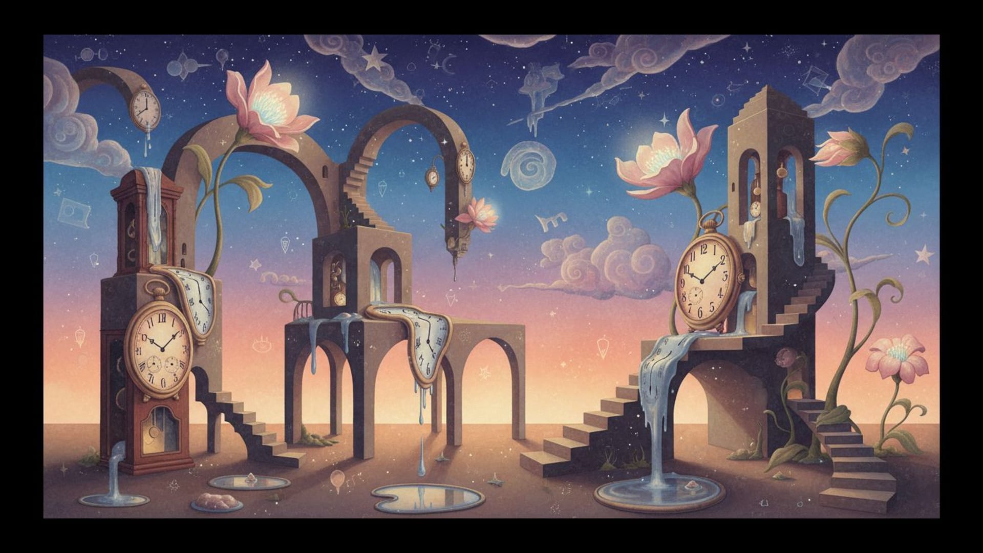 paysages oniriques surréalistes avec des montres fondantes une géométrie impossible un art de fond ecran fantaisiste