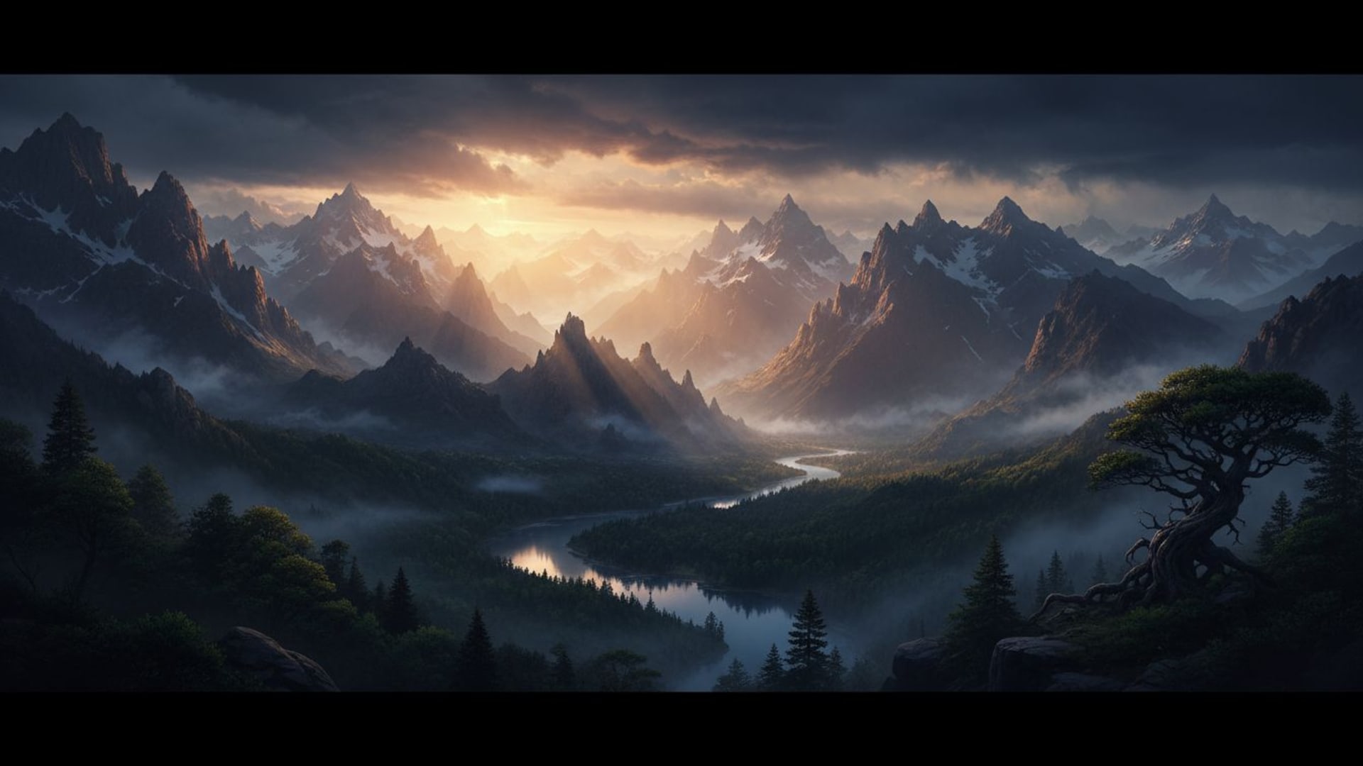 fond ecran de paysage cinématographique éclairage dramatique gradation des couleurs ambiance épique grand écran