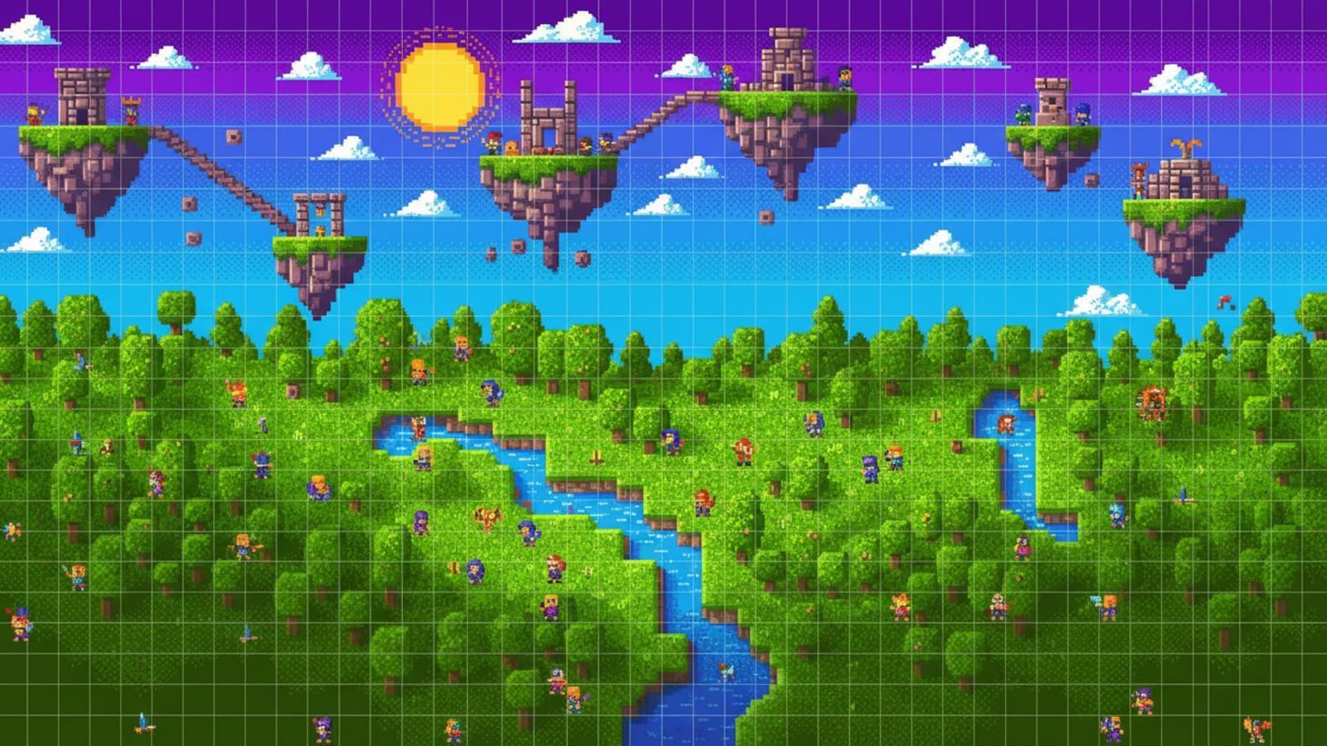 jeu rétro en pixel art avec des tuiles 8 bits couleurs vives fond d'écran nostalgique