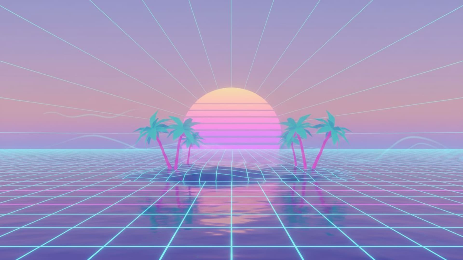 coucher de soleil vaporwave palette pastel grille brise océan palmiers rétro 3D